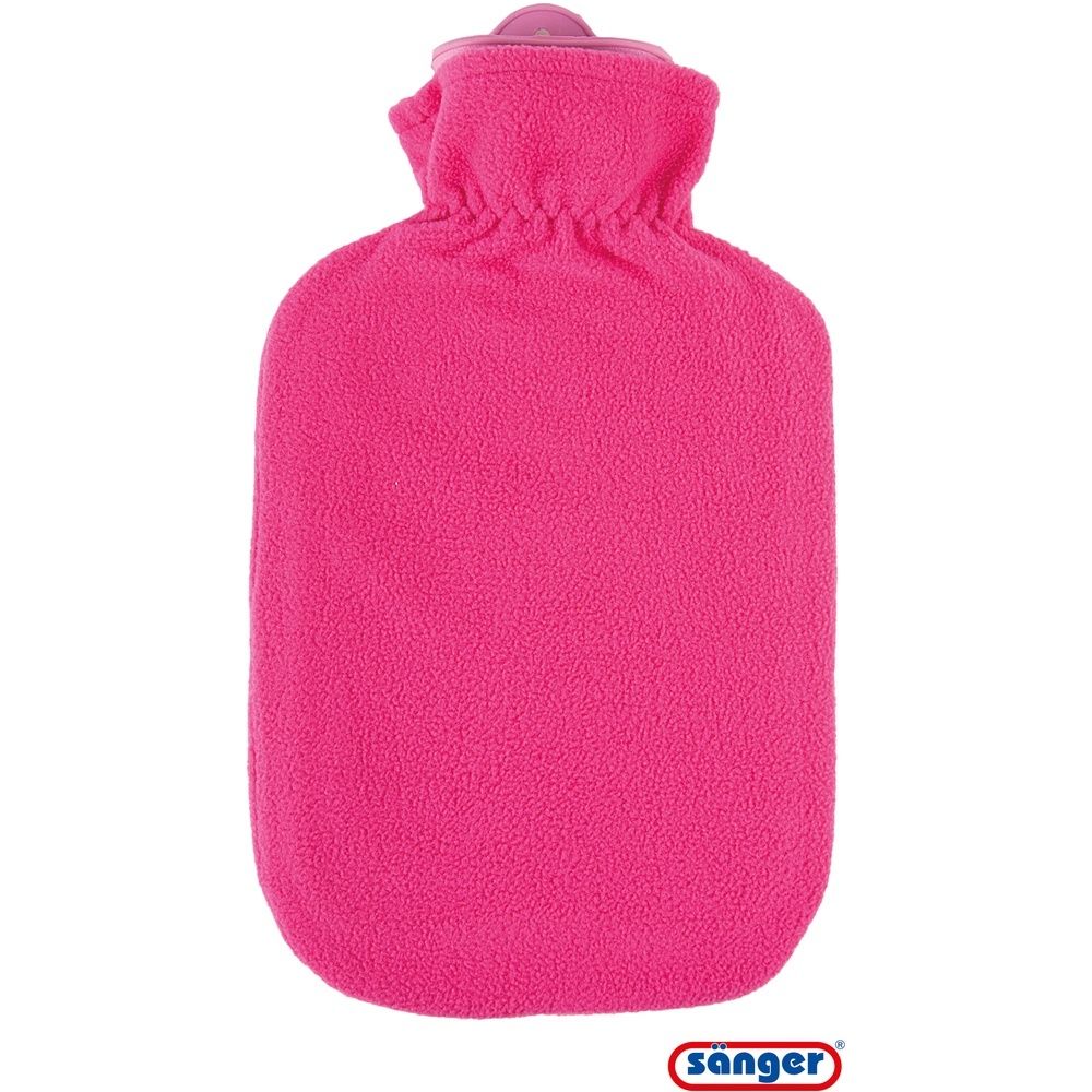 Bouillotte rose avec housse en polaire. Cordon de serrage en haut. Forme arrondie en bas. Marque : Sänger.