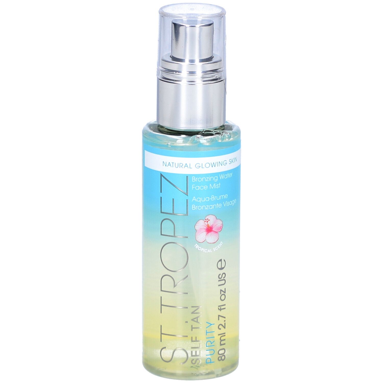 Transparante spray in een fles met verstuiver. Opschrift: ST. TROPEZ, PURITY, SELF TAN. Etiket met productnaam.