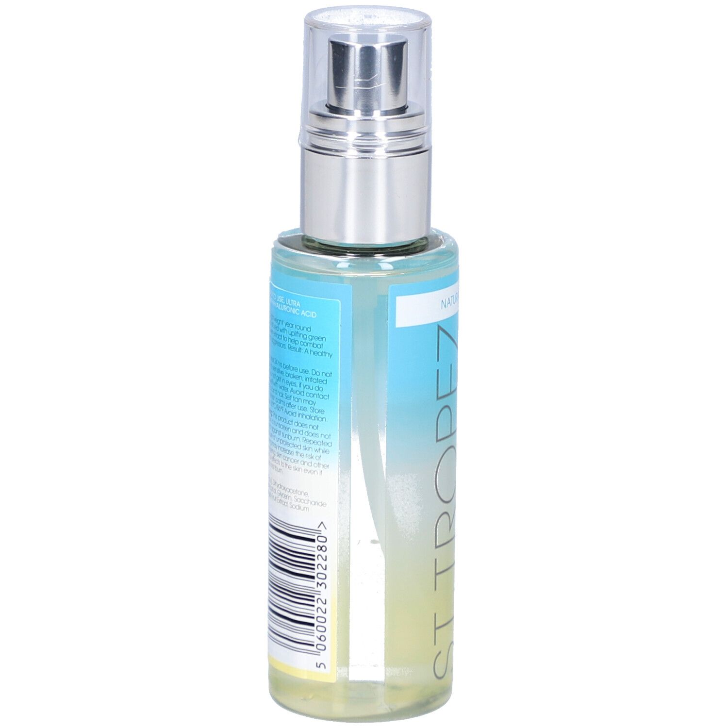 Achterkant van de fles. Etiket met productinformatie en barcode. Opschrift: ST. TROPEZ. Fles met verstuiver.