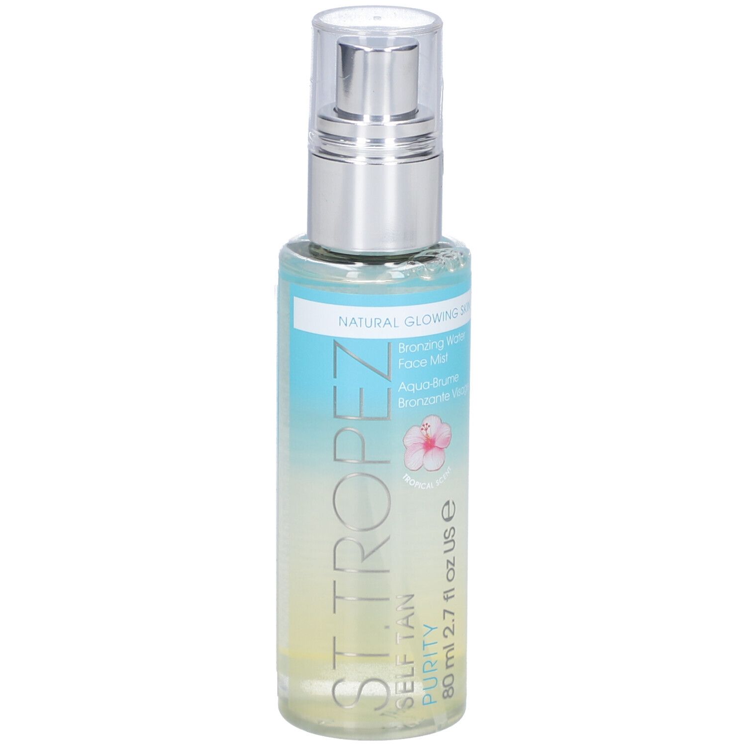 Transparante spray in een fles met verstuiver. Opschrift: ST. TROPEZ, PURITY, SELF TAN. Etiket met productnaam.