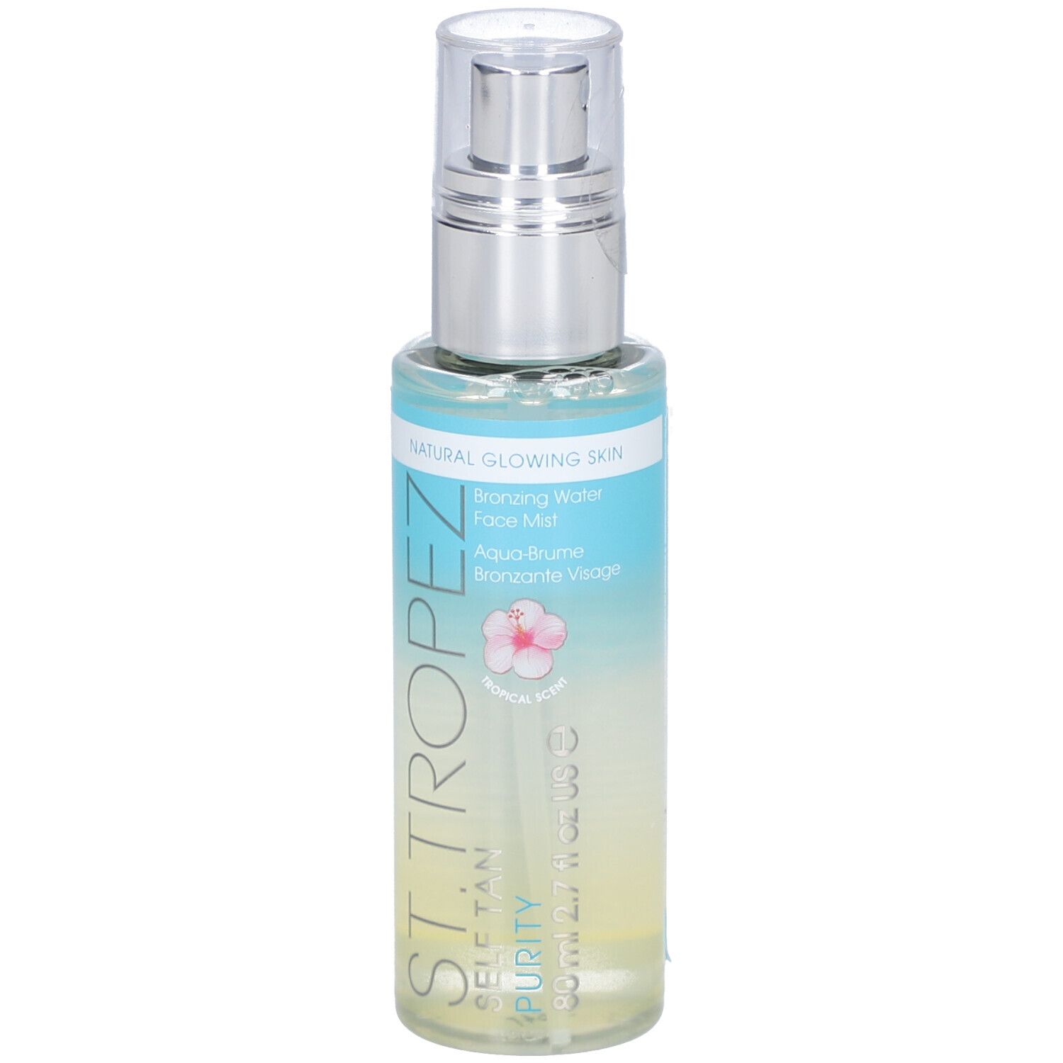 Transparante spray in een fles met verstuiver. Opschrift: ST. TROPEZ, PURITY, SELF TAN. Etiket met productnaam.
