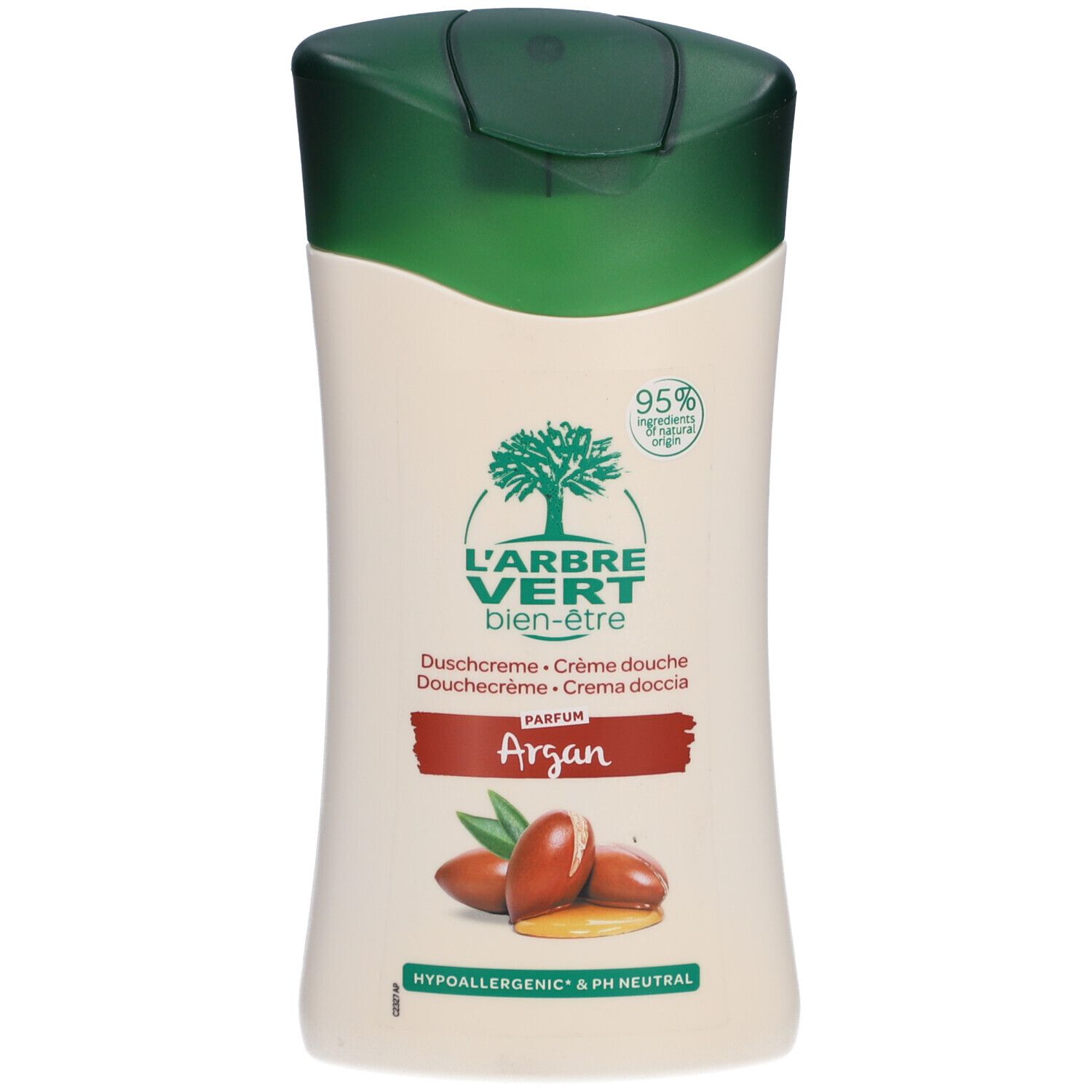 Beige douchegelfles met groene dop. Etiket met logo, tekst en argan-afbeelding. 95% ingrediënten van natuurlijke oorsprong.