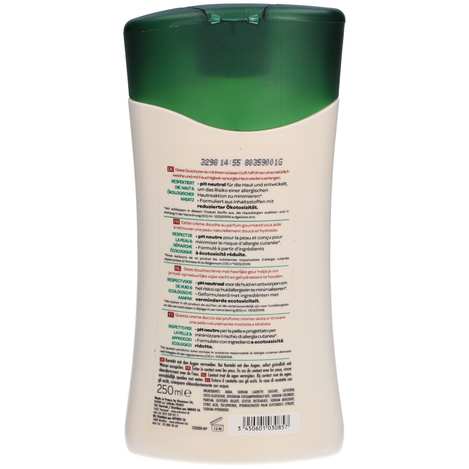 Achterkant van de douchegelfles. Tekst in meerdere talen. pH-neutraal. 250ml. Streepjescode en fabrikantinfo.
