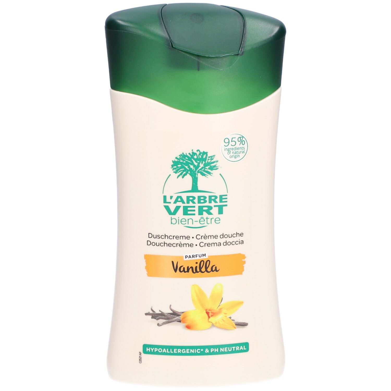 Flacon de crème de douche beige à bouchon vert. Logo arbre. Texte: Vanille, 95% ingrédients d'origine naturelle, pH neutre.