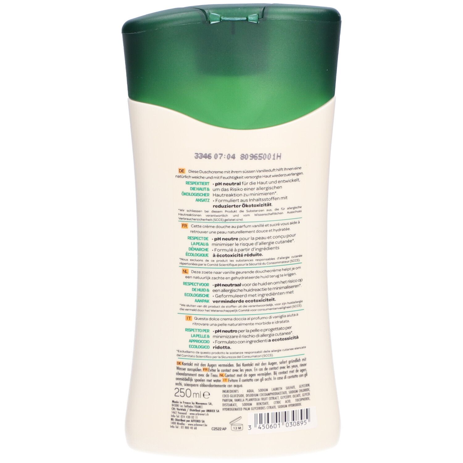 Dos du flacon de crème de douche. Texte multilingue: pH neutre, réduit le risque d'allergie, 250ml, écologique.