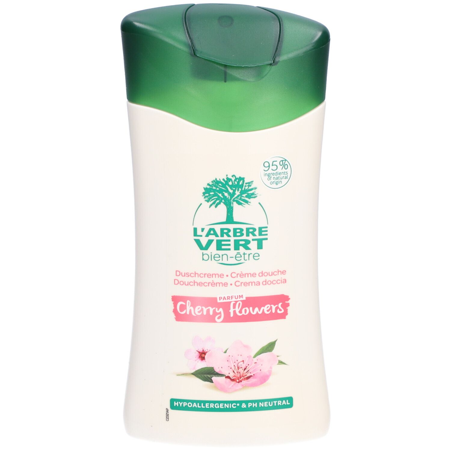 Flacon blanc et vert. L'ARBRE VERT crème de douche Fleurs de cerisier. Logo: arbre. Texte: 95% ingrédients d'origine naturelle. Hypoallergénique.