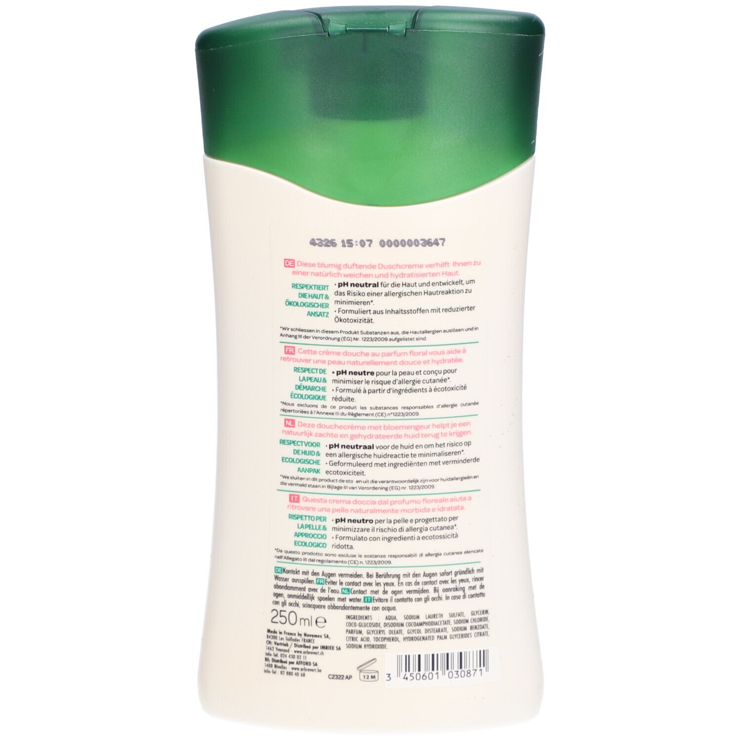 Dos du flacon. Texte multilingue. pH neutre pour la peau. Écologique. 250ml. Code-barres et numéro de lot.