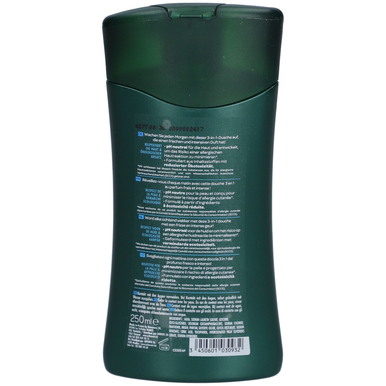 Dos d'un flacon vert avec texte. Informations sur le produit et ingrédients imprimés.