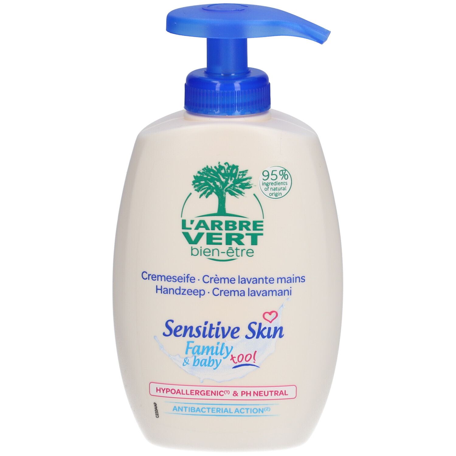 Flacon de crème lavante pour peaux sensibles avec pompe bleue. Logo arbre et texte. Ingrédients d'origine naturelle.