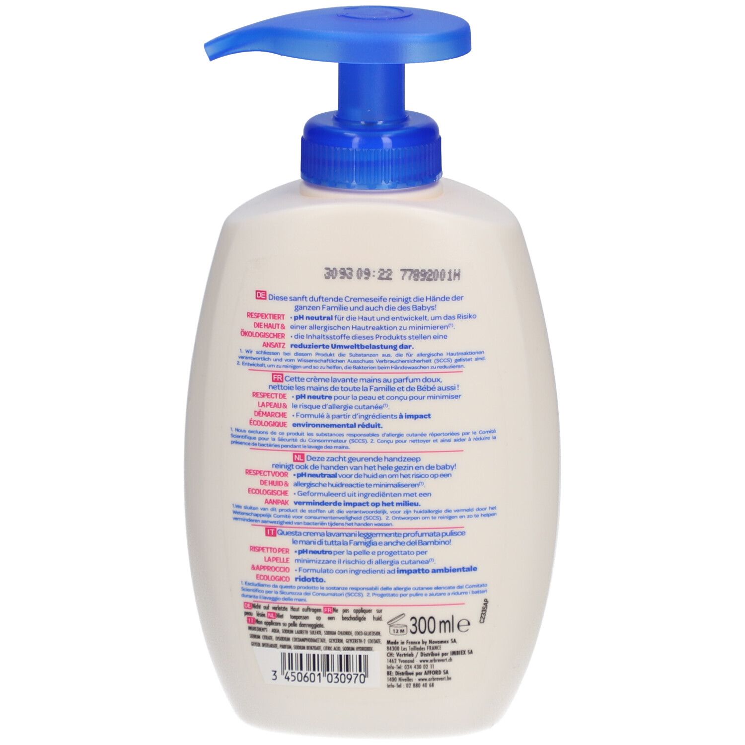 Dos du flacon de crème lavante. Texte multilingue. Informations sur la composition et l'utilisation.