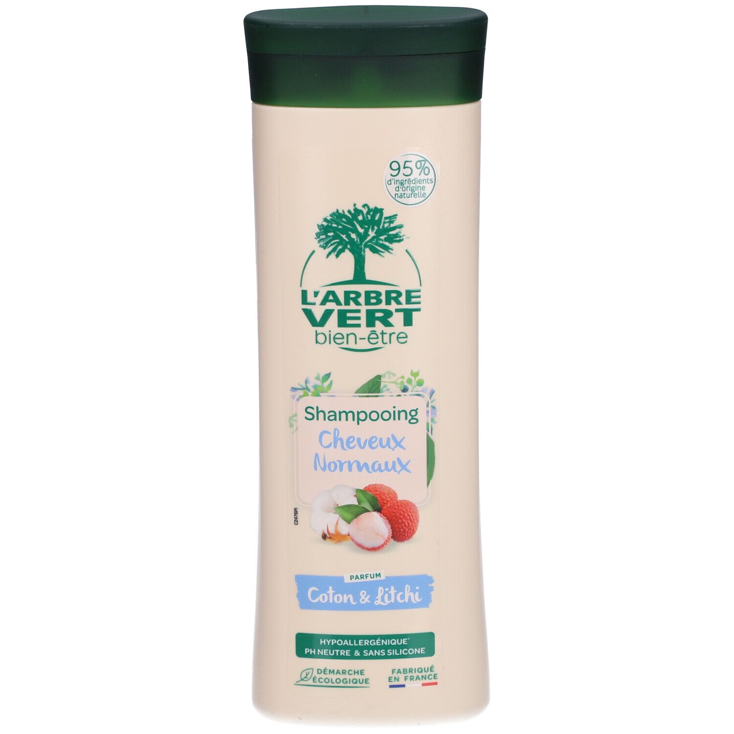 Beige shampoo fles met groene dop. Logo: boom met tekst L'ARBRE VERT. Tekst: Shampooing Cheveux Normaux, Coton & Litchi.