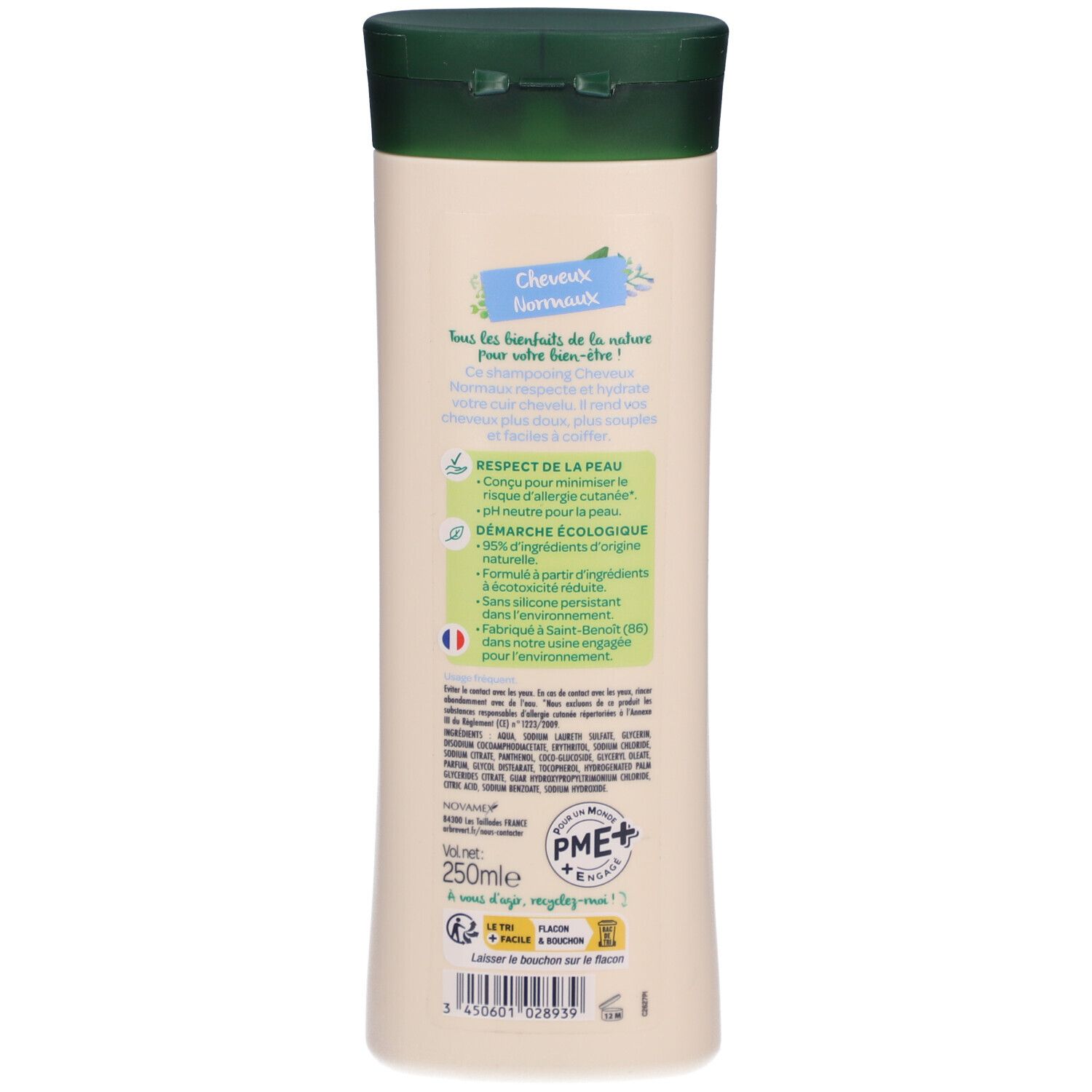 Achterkant van de shampoo fles. Tekst: Cheveux Normaux, RESPECT DE LA PEAU, DÉMARCHE ÉCOLOGIQUE. Ingrediënten en recycling symbolen.