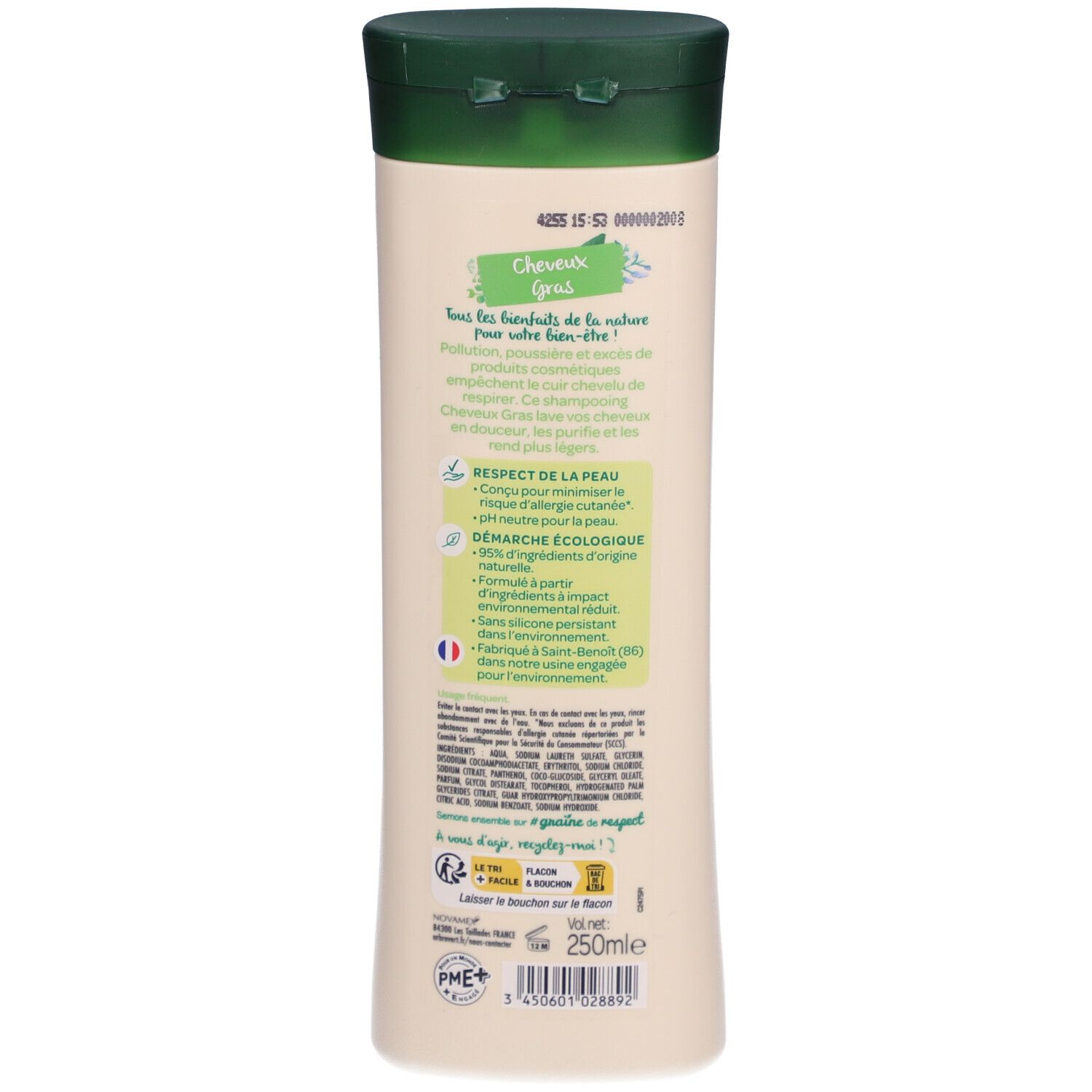 Achterkant van de shampoo fles. Tekst: Cheveux Gras, ingrediënten, eco-label, 95% ingrediënten van natuurlijke oorsprong, zonder siliconen, gemaakt in Frankrijk.