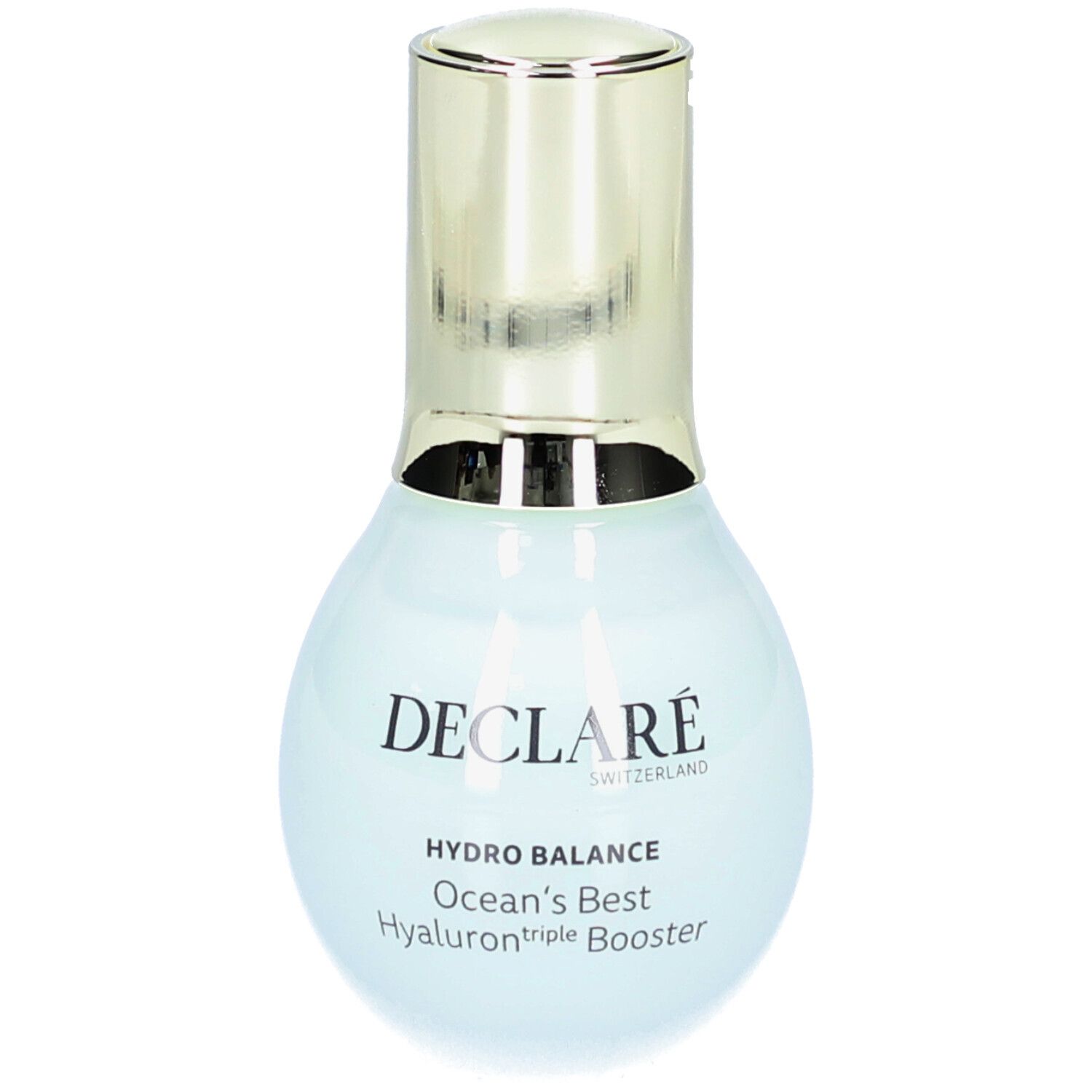 Flacon bleu clair avec bouchon doré. Inscription : DECLARÉ, HYDRO BALANCE, Ocean's Best Hyaluron triple Booster.