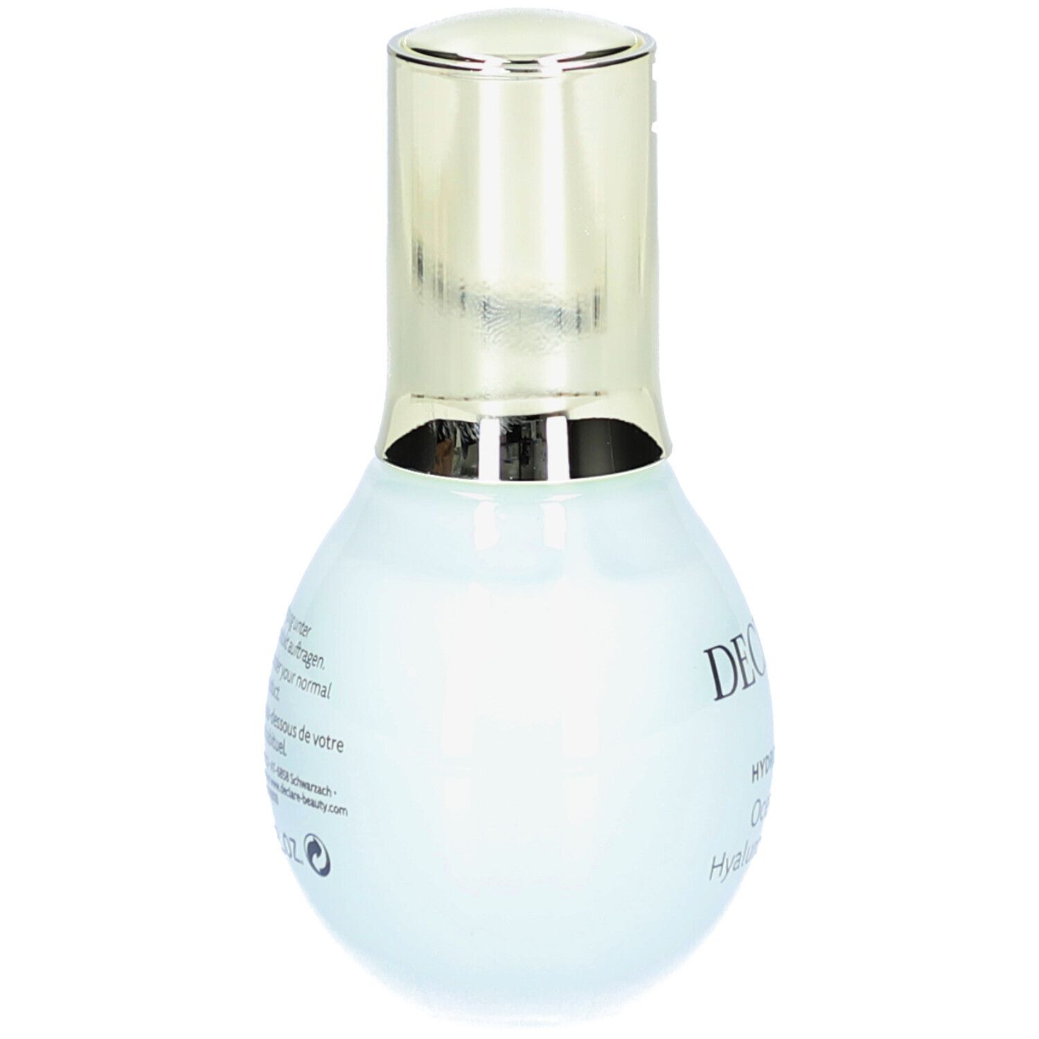 Dos du flacon. Inscription : DECLARÉ, HYDRO BALANCE, Ocean's Best Hyaluron triple Booster. Texte en plusieurs langues.