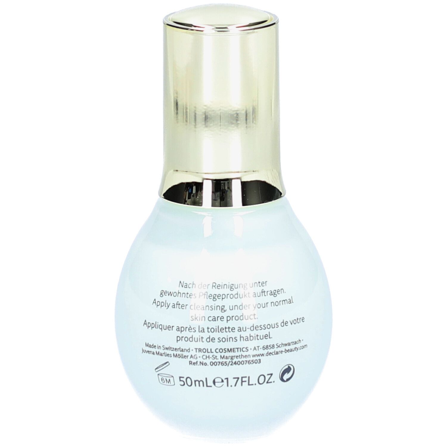 Dos du flacon. Inscription : DECLARÉ, HYDRO BALANCE, Ocean's Best Hyaluron triple Booster. Texte en plusieurs langues.