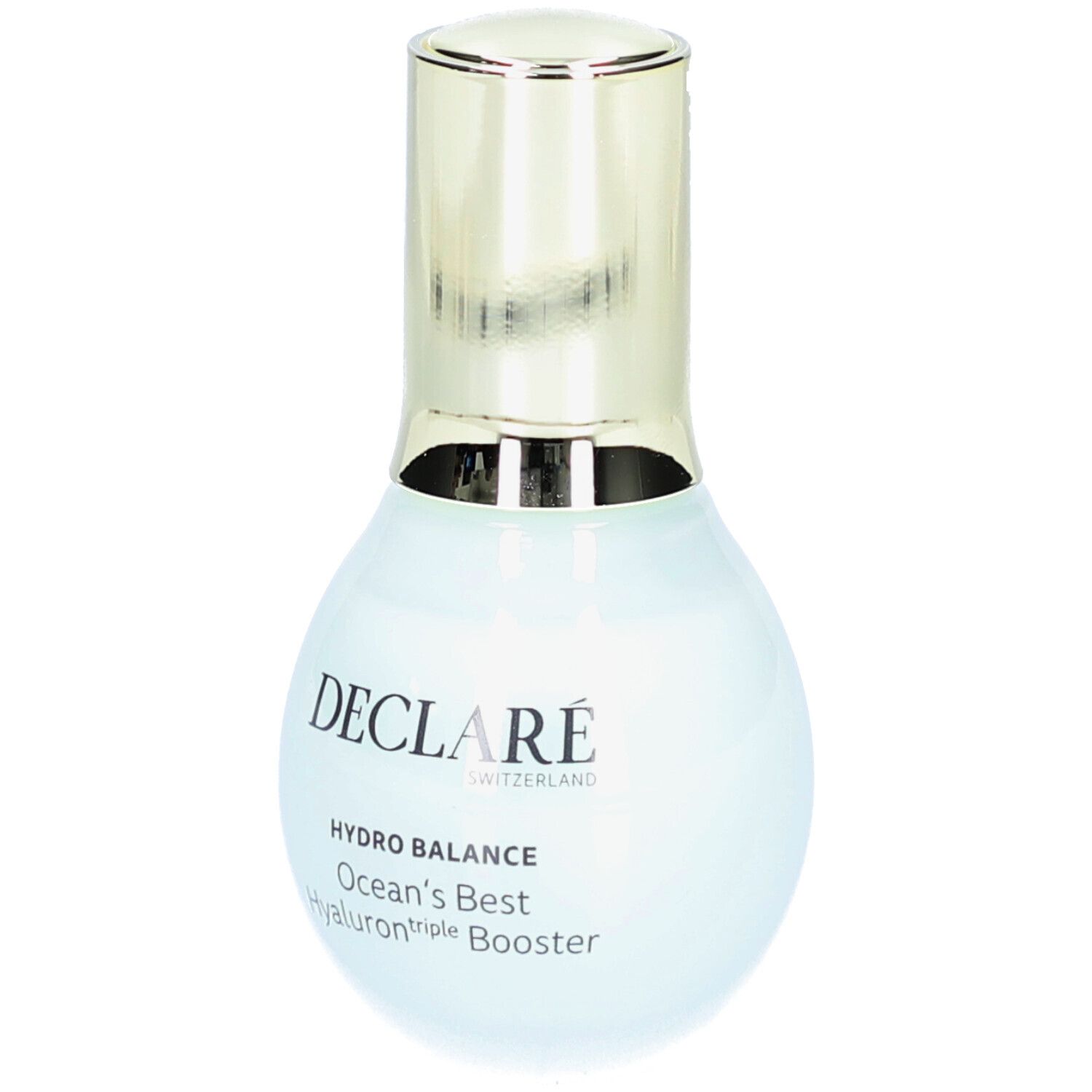 Flacon bleu clair avec bouchon doré. Inscription : DECLARÉ, HYDRO BALANCE, Ocean's Best Hyaluron triple Booster.