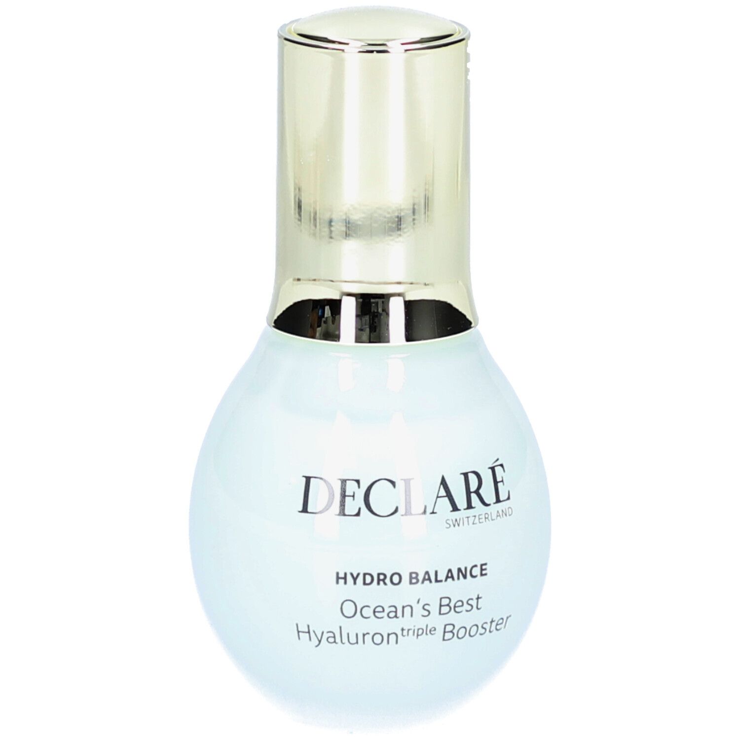 Flacon bleu clair avec bouchon doré. Inscription : DECLARÉ, HYDRO BALANCE, Ocean's Best Hyaluron triple Booster.