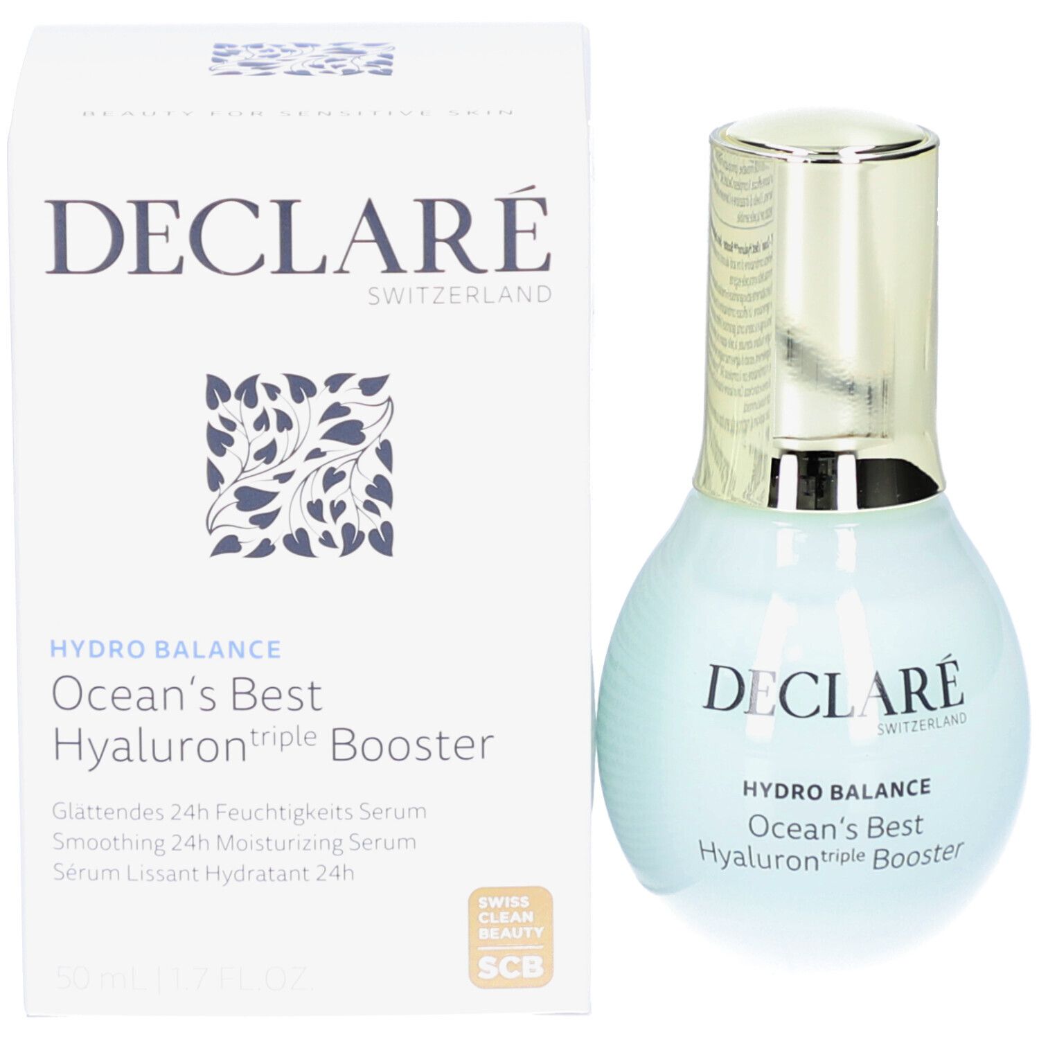 Flacon et emballage du produit. Inscription : DECLARÉ, HYDRO BALANCE, Ocean's Best Hyaluron triple Booster. Avec certification.