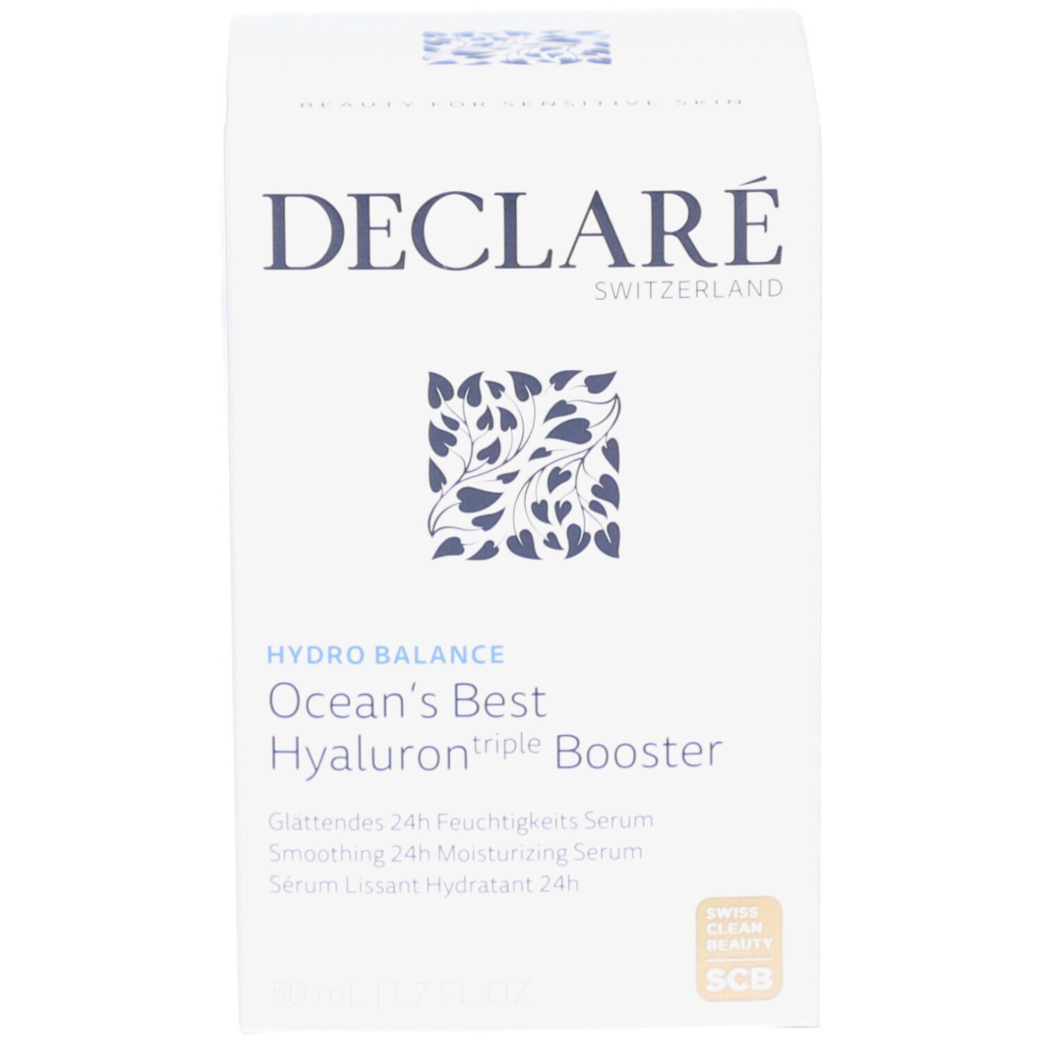 Emballage du produit. Inscription : DECLARÉ, HYDRO BALANCE, Ocean's Best Hyaluron triple Booster. Avec certification.