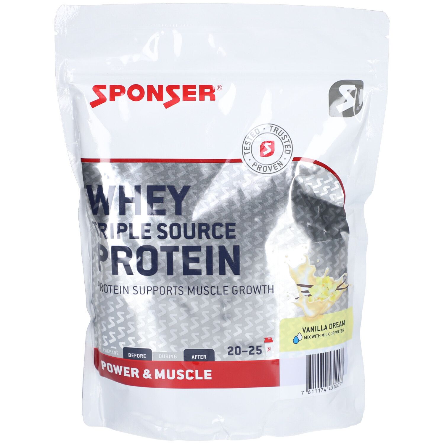 Sachet SPONSER Whey Triple Source Protein. Inscription: "WHEY TRIPLE SOURCE PROTEIN", "VANILLA DREAM".