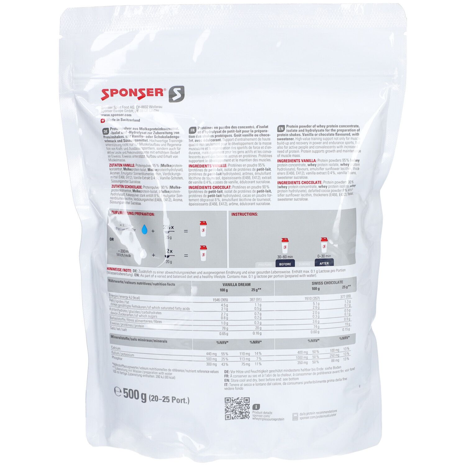 Dos du paquet SPONSER Whey Triple Source Protein. Contient informations nutritionnelles et instructions.