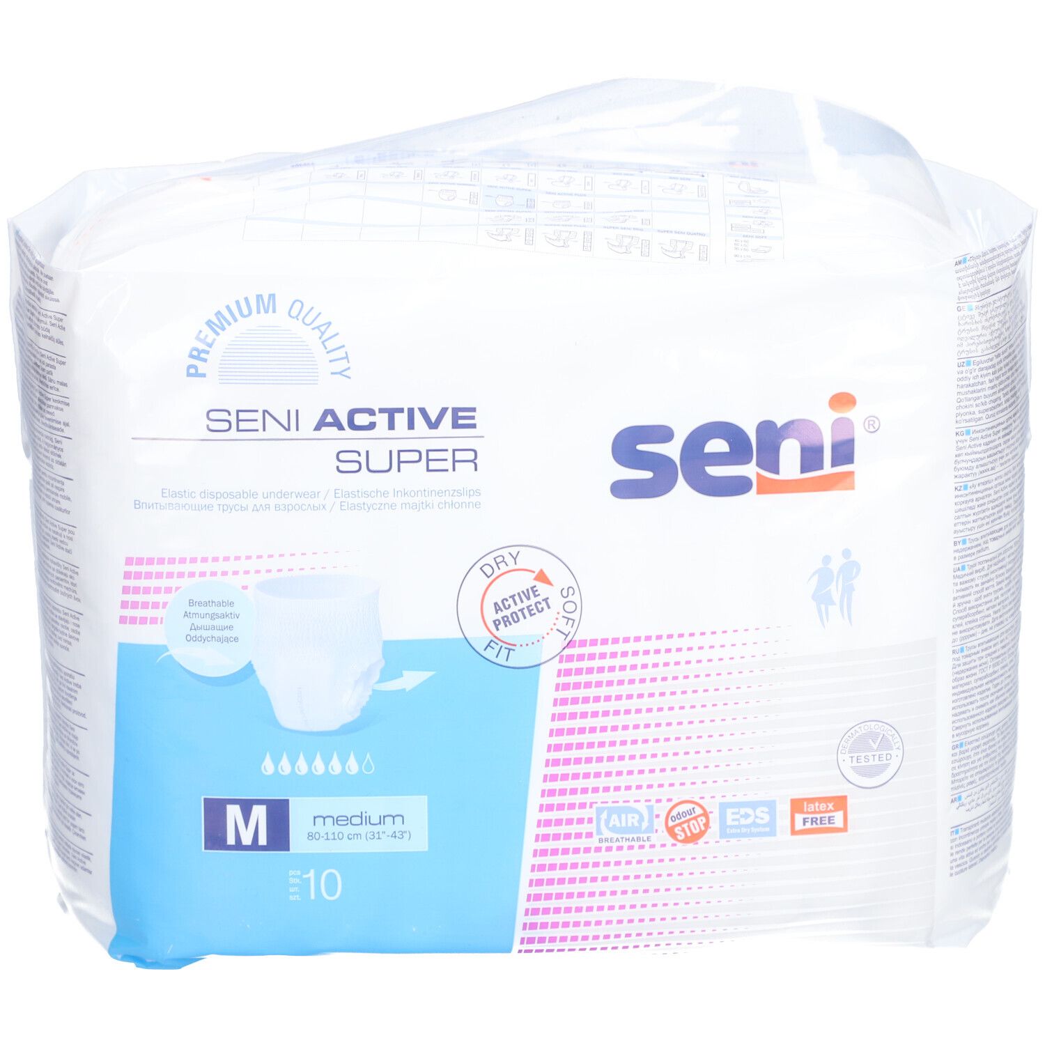 Paquet de Seni Active Super. Taille M, 10 unités. Logos et caractéristiques du produit visibles.