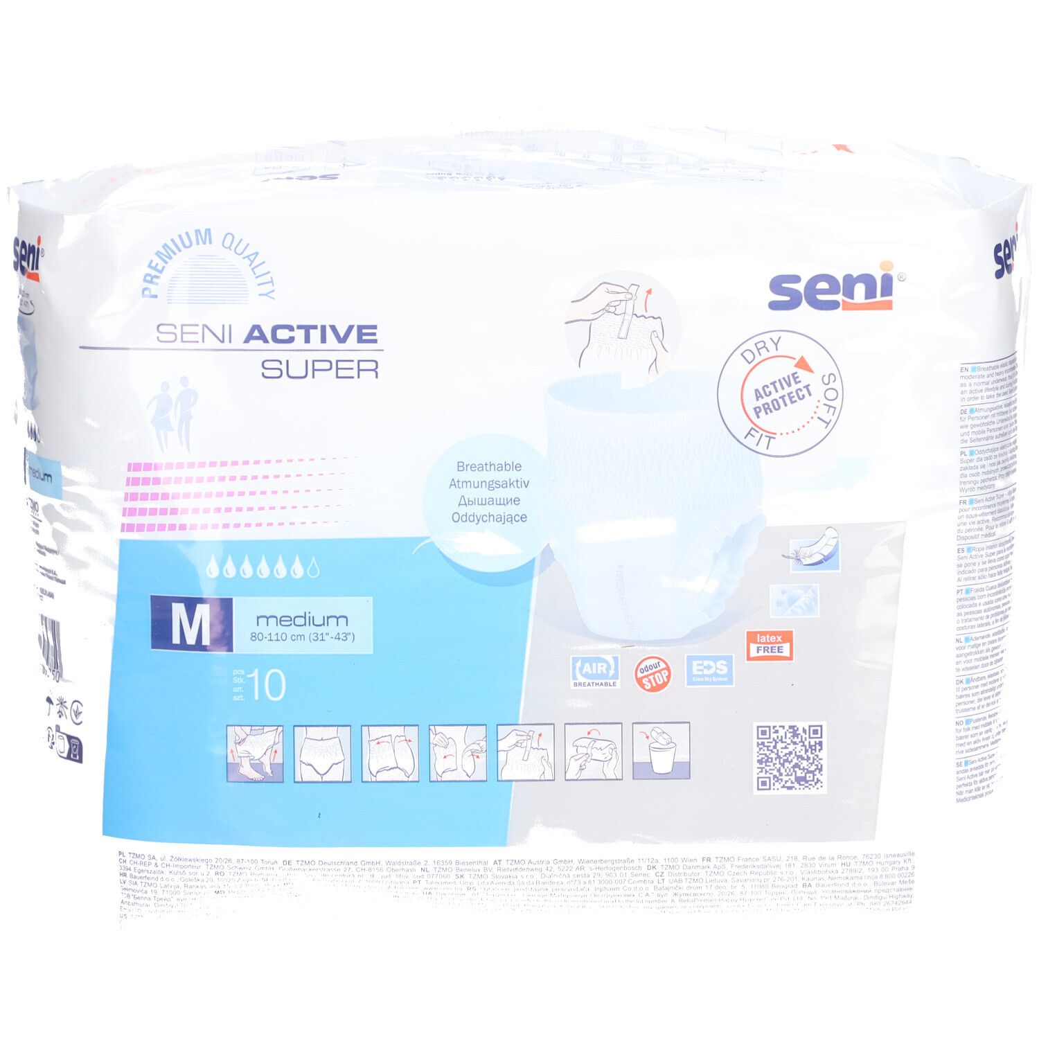 Paquet de Seni Active Super. Taille M, 10 unités. Caractéristiques et logos du produit.