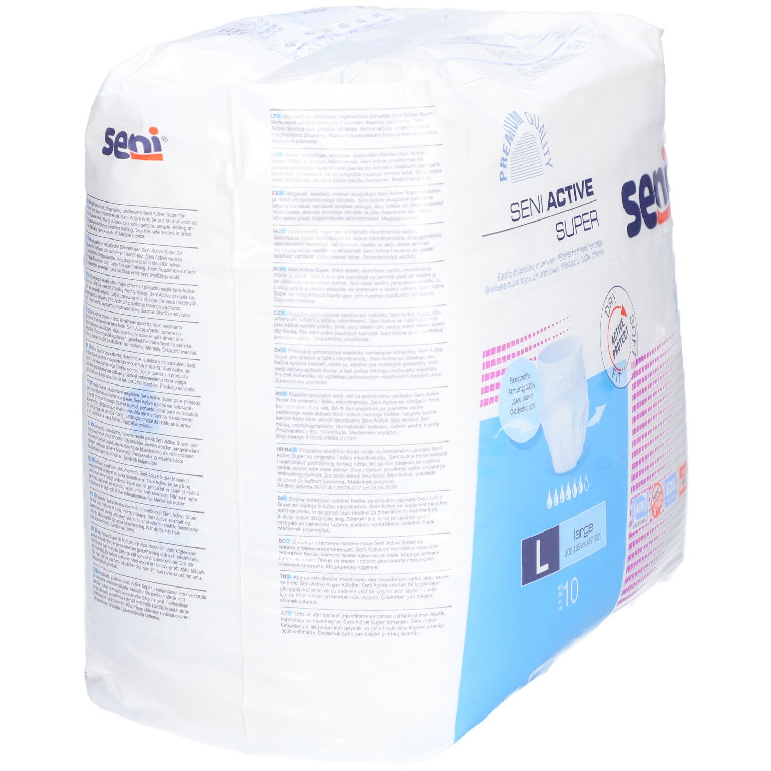 Dos du paquet Seni Active Super, taille L. Informations produit et certifications visibles.