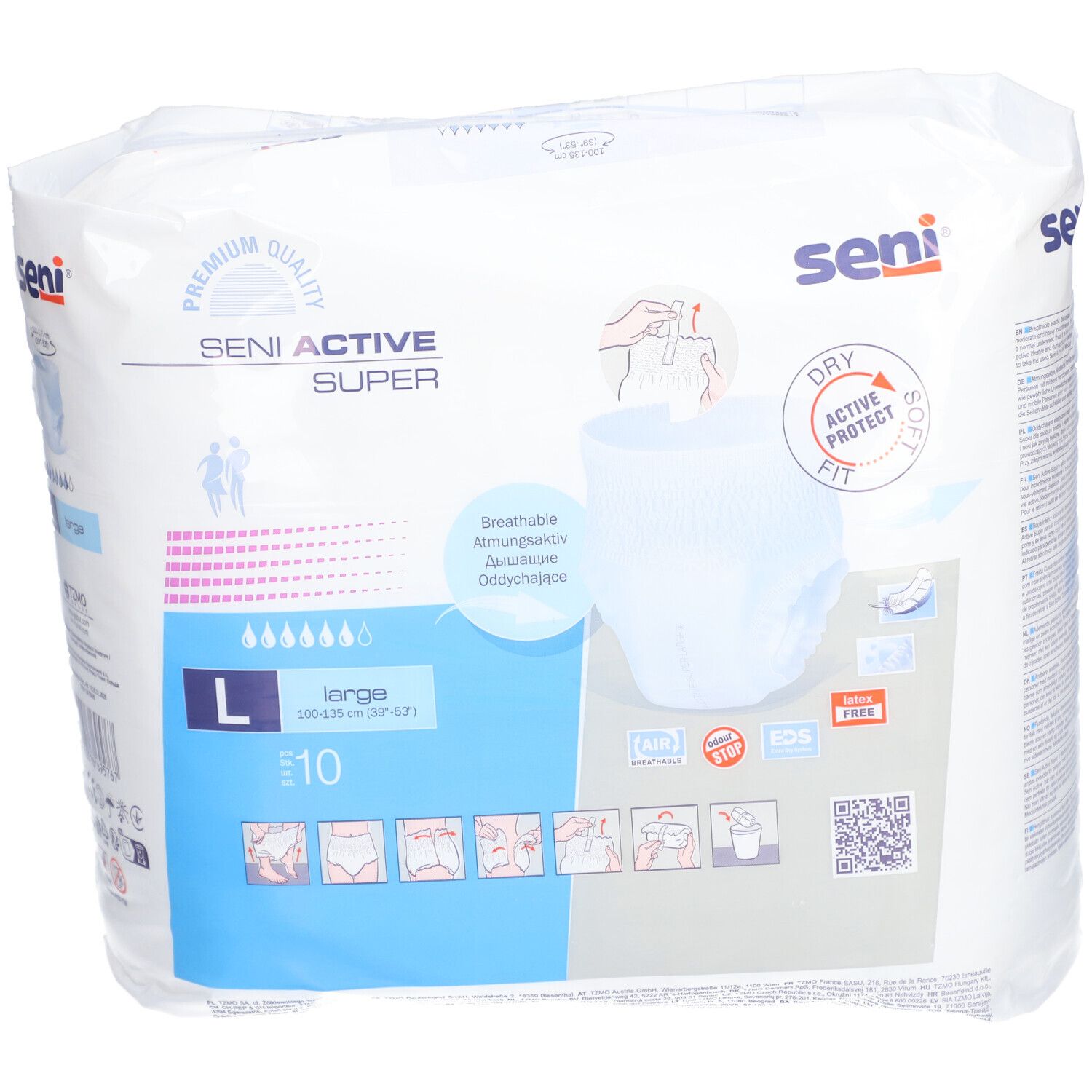 Paquet Seni Active Super, taille L, 10 pièces. Illustrations et caractéristiques du produit visibles.