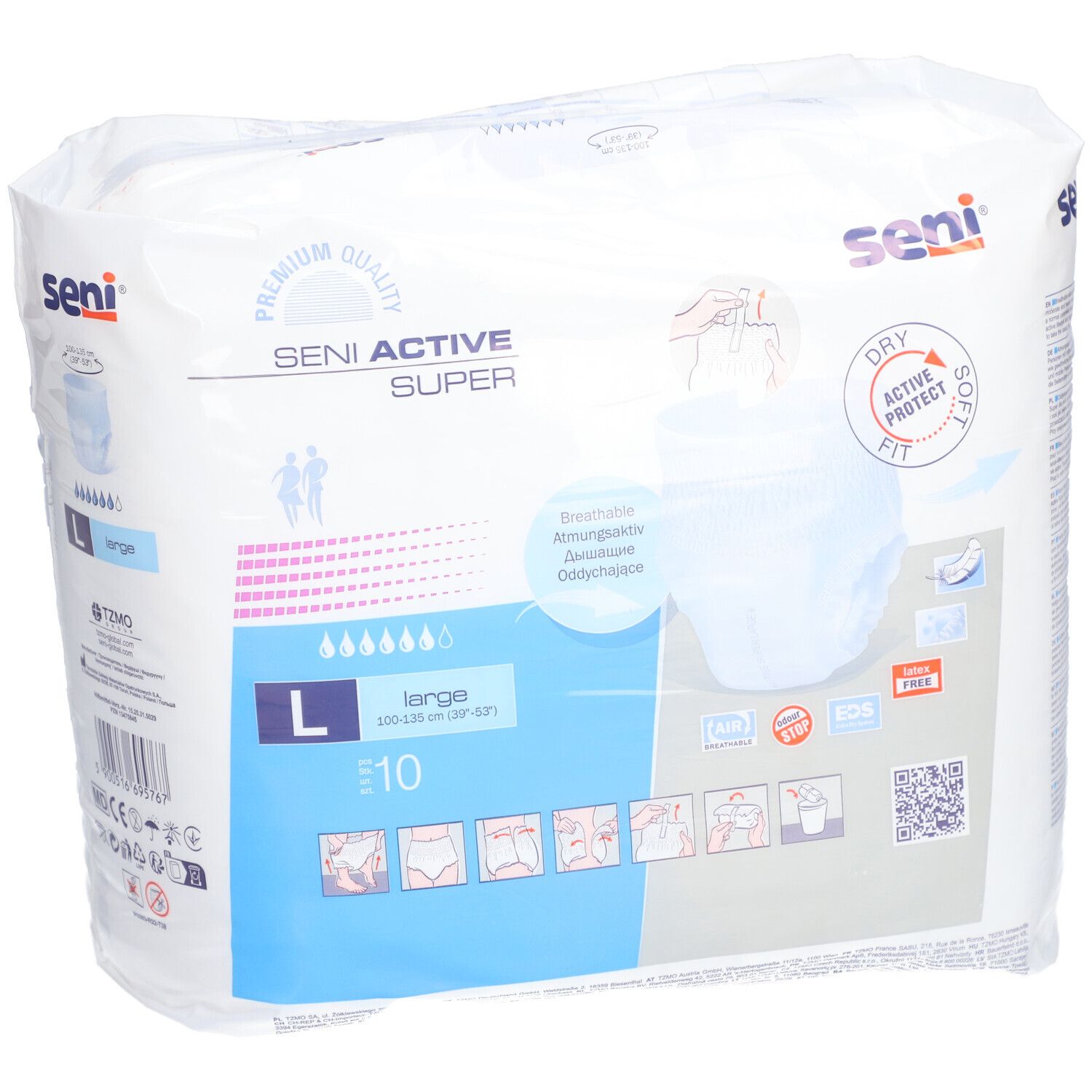 Dos du paquet Seni Active Super, taille L. Informations produit et certifications visibles.