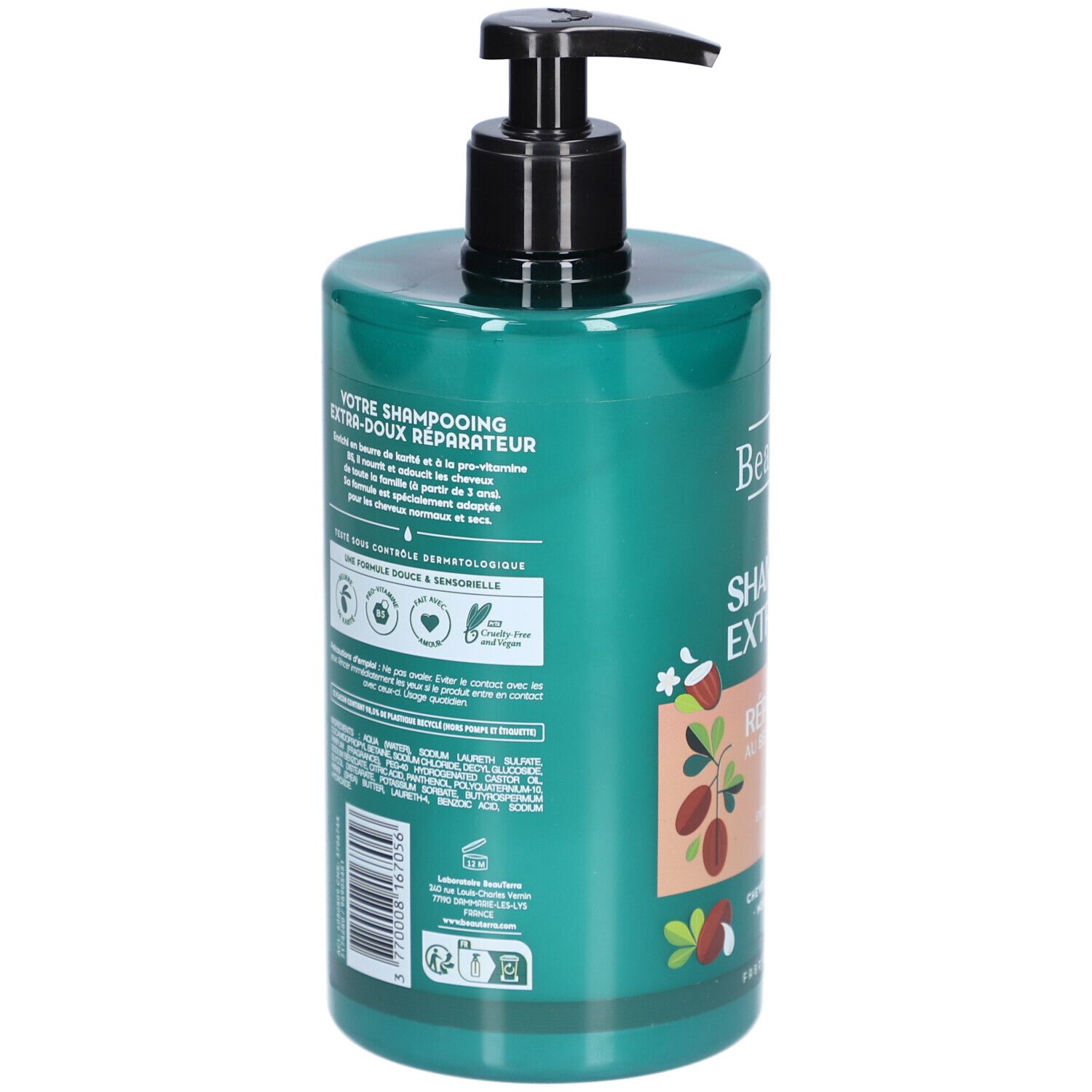 Achterkant van de groene shampoo fles. Tekst en logo's. Bevat informatie over het product en ingrediënten. Met zwarte pomp.