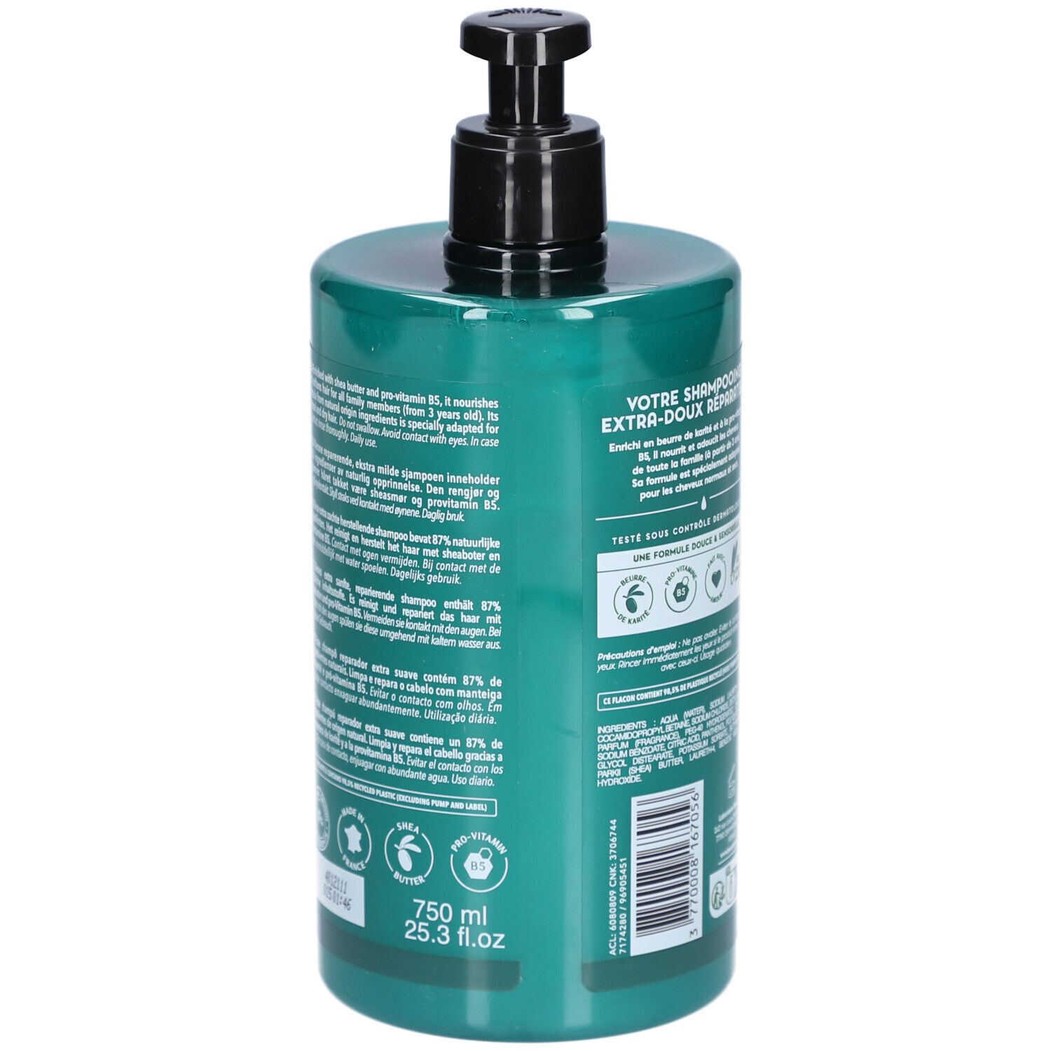 Achterkant van de groene shampoo fles. Tekst en logo's. Bevat informatie over het product en ingrediënten. Met zwarte pomp. 750 ml.