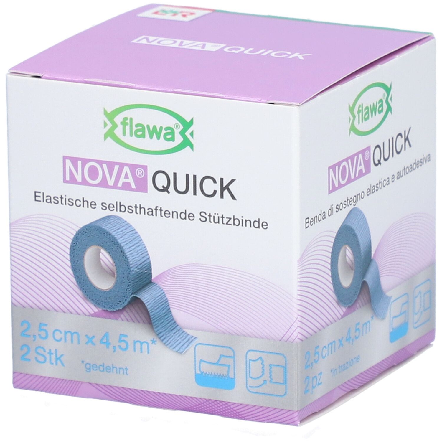 Emballage de Flawa Nova Quick. Bande de soutien élastique auto-adhésive bleue. 2,5cm x 4,5m, 2 pièces.