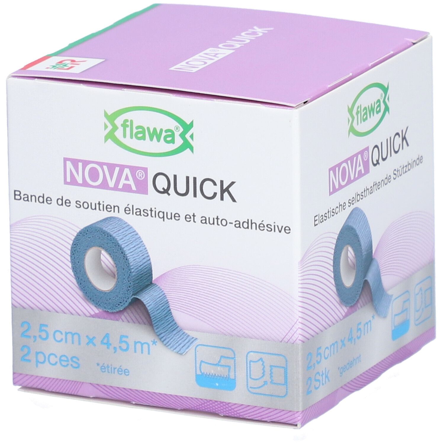 Emballage de Flawa Nova Quick. Bande de soutien élastique bleue. 2,5cm x 4,5m, 2 pièces. Nom et logo.