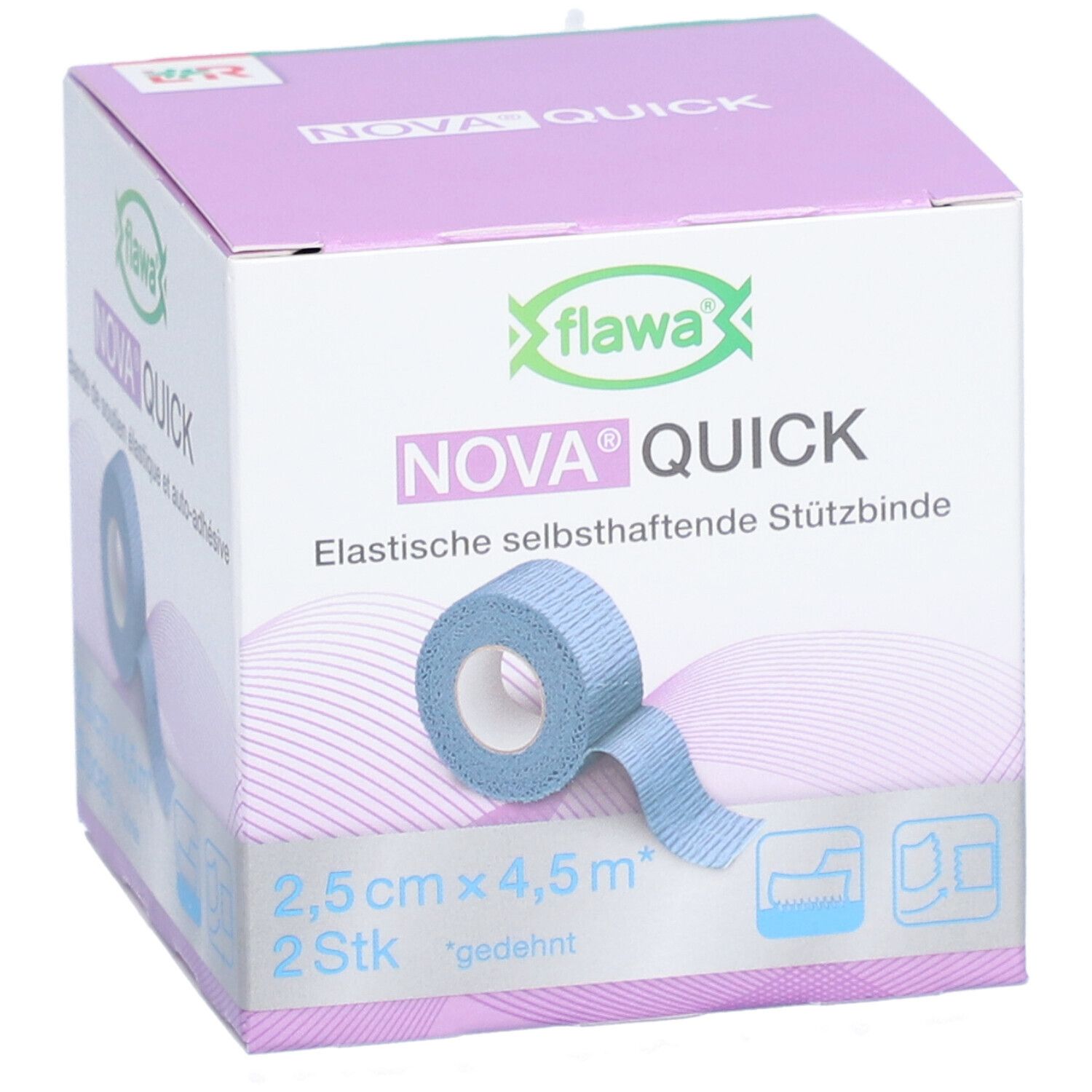 Emballage de Flawa Nova Quick. Bande de soutien élastique bleue. 2,5cm x 4,5m, 2 pièces. Nom et logo.