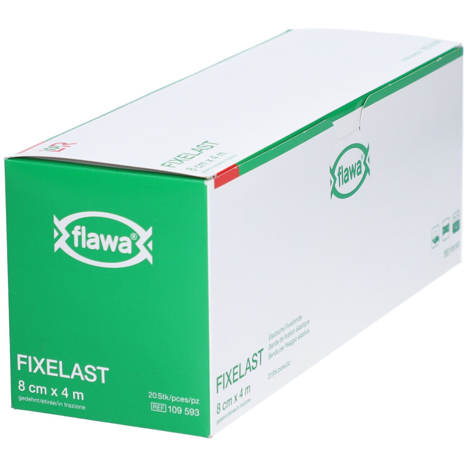 Witte doos met groen logo en tekst FIXELAST 8 cm x 4 m. Flawa-logo.
