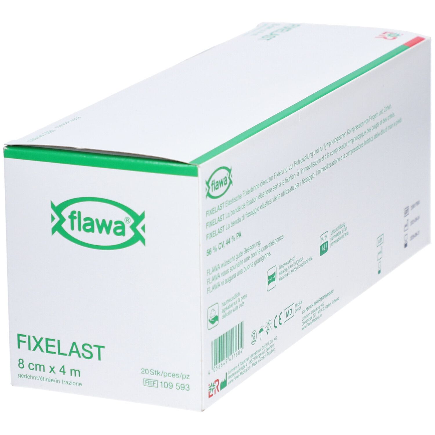 Witte doos met groen logo en tekst FIXELAST 8 cm x 4 m. Flawa-logo.