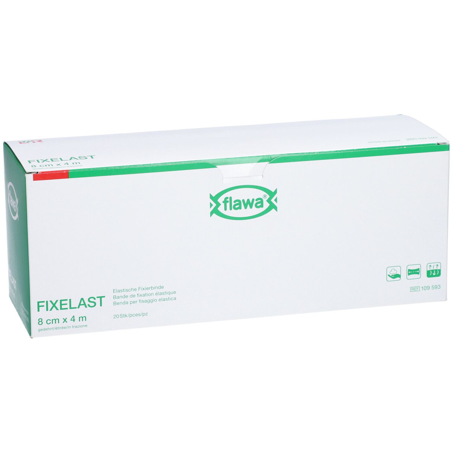 Witte doos met groen logo en tekst FIXELAST 8 cm x 4 m. Flawa-logo.