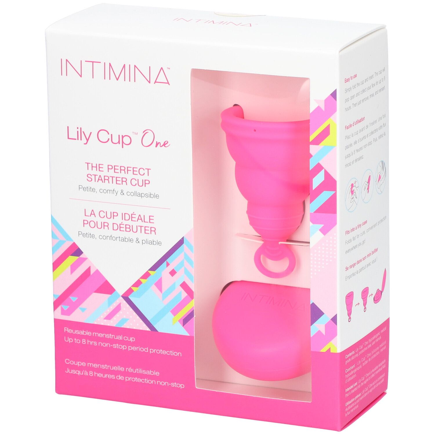 Boîte INTIMINA Lily Cup One. Coupe menstruelle rose et étui de rangement visibles.
