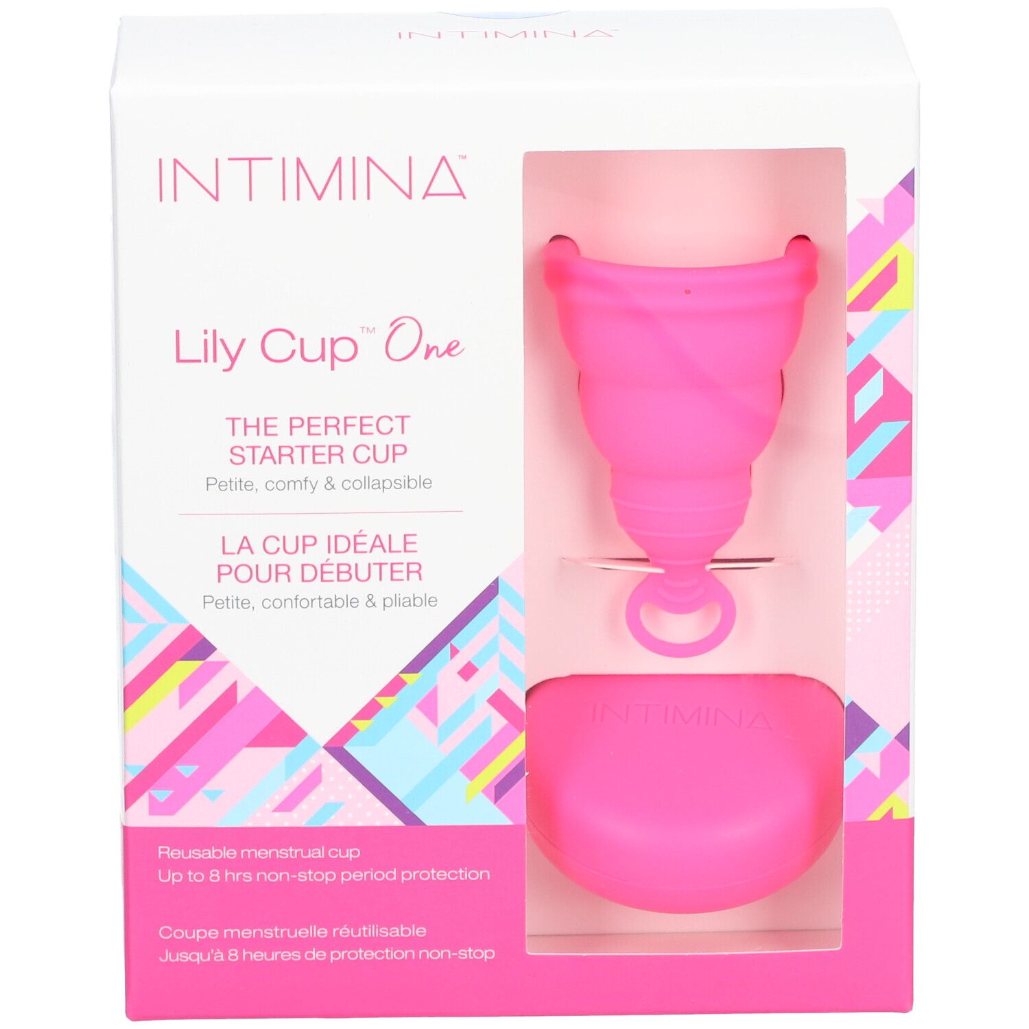 INTIMINA Lily Cup One dans son emballage. Coupe menstruelle rose et étui.