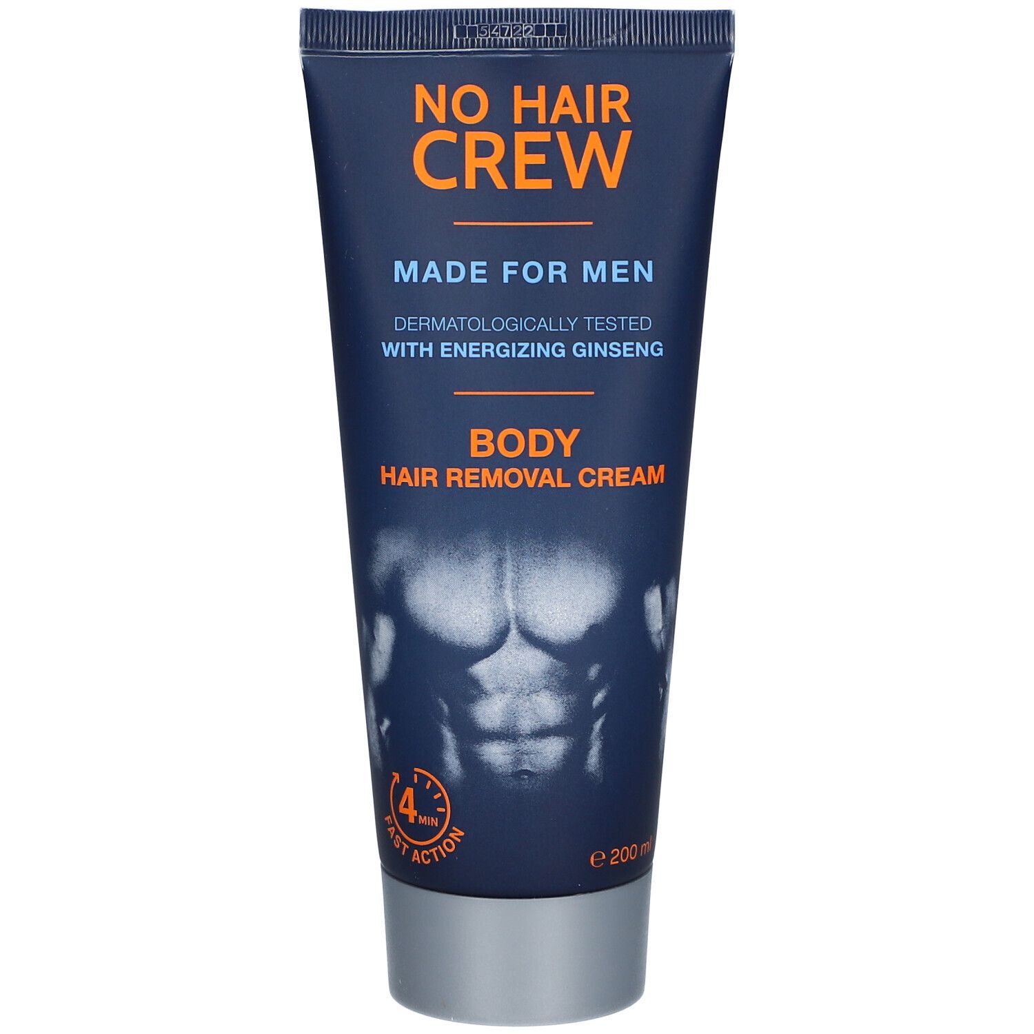 Tube bleu avec texte orange. Crème dépilatoire pour hommes. Testé dermatologiquement.