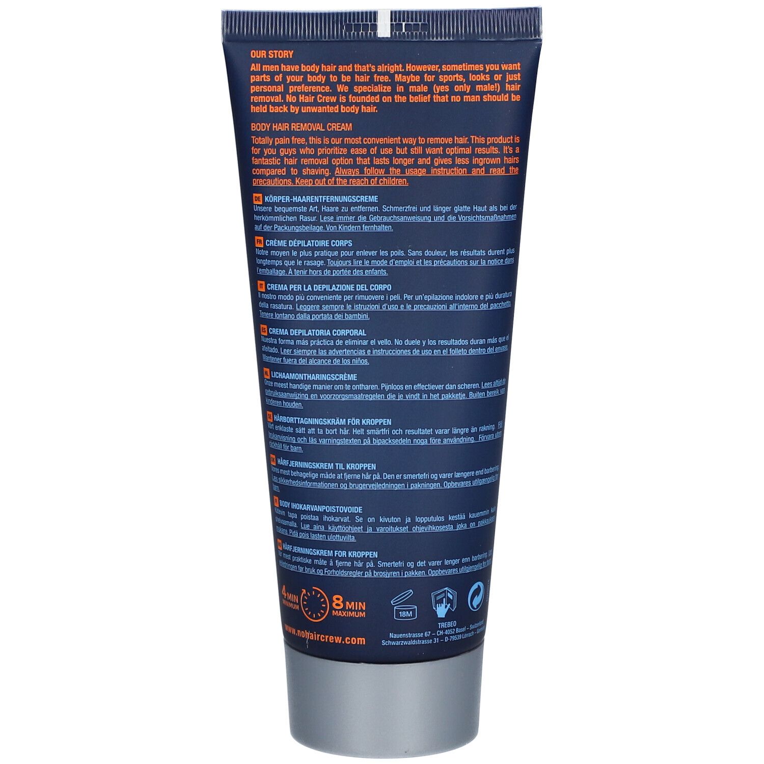 Dos du tube bleu. Texte multilingue. Informations sur l'utilisation et les ingrédients.