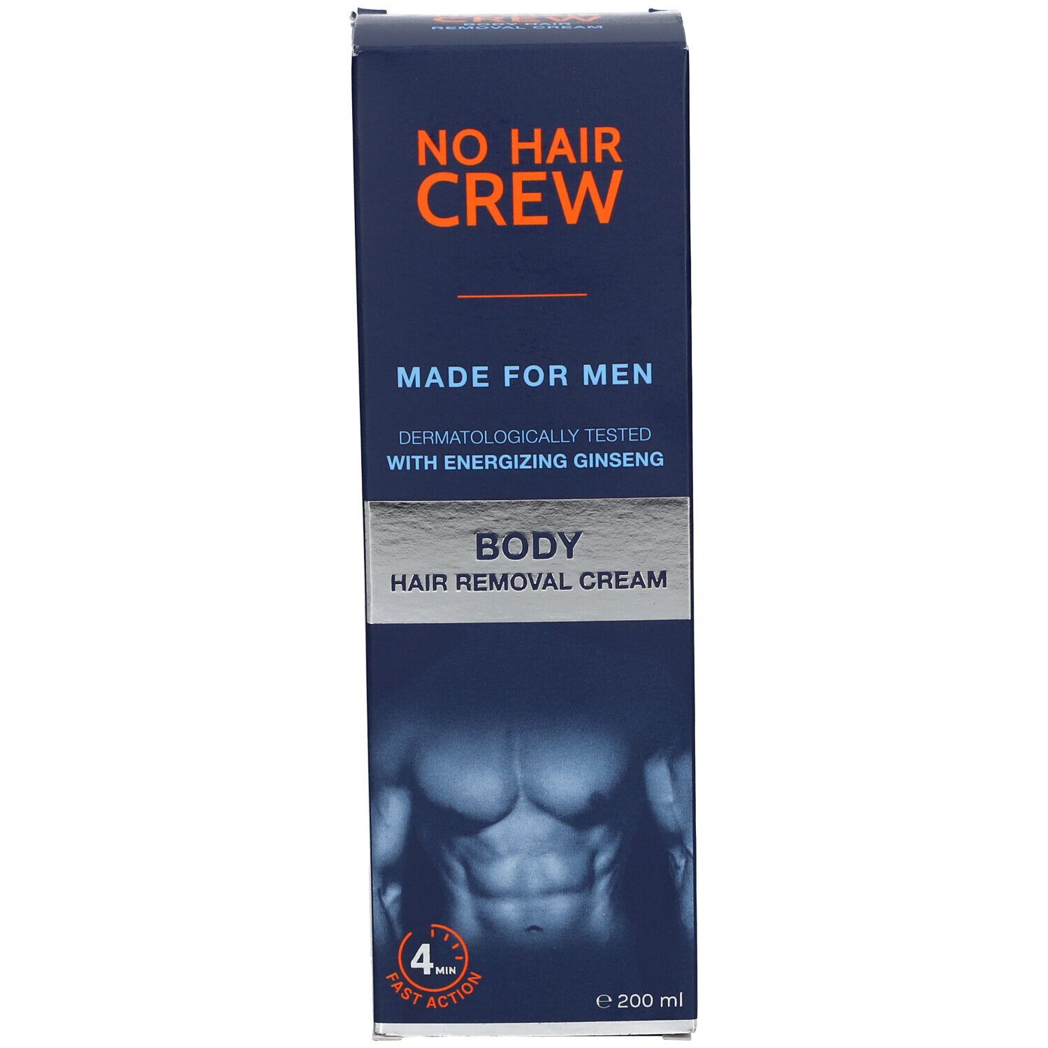 Boîte bleue avec texte orange. Crème dépilatoire pour hommes. Testé dermatologiquement.