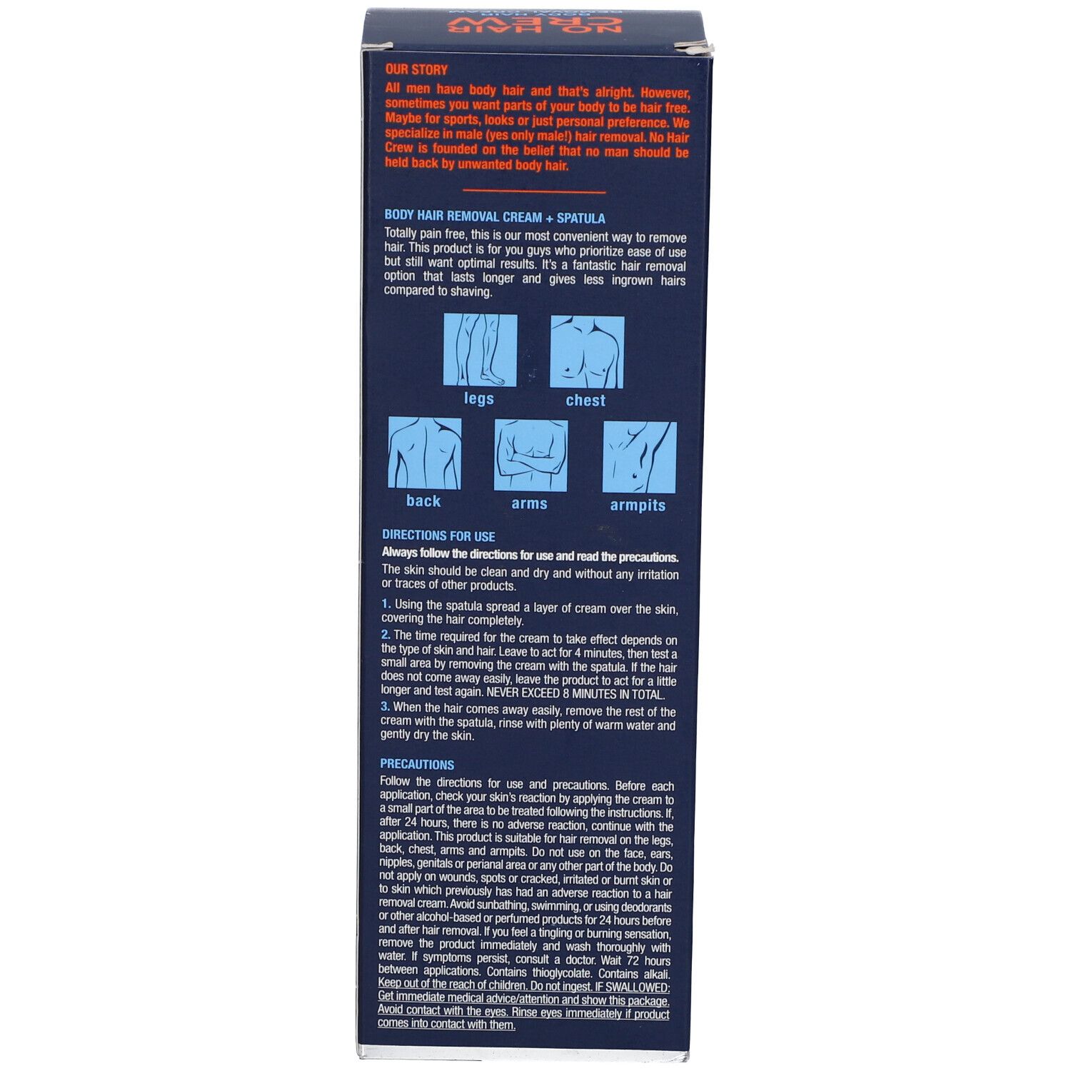 Boîte avec instructions d'utilisation et pictogrammes. Zones d'application : jambes, poitrine, bras, aisselles.