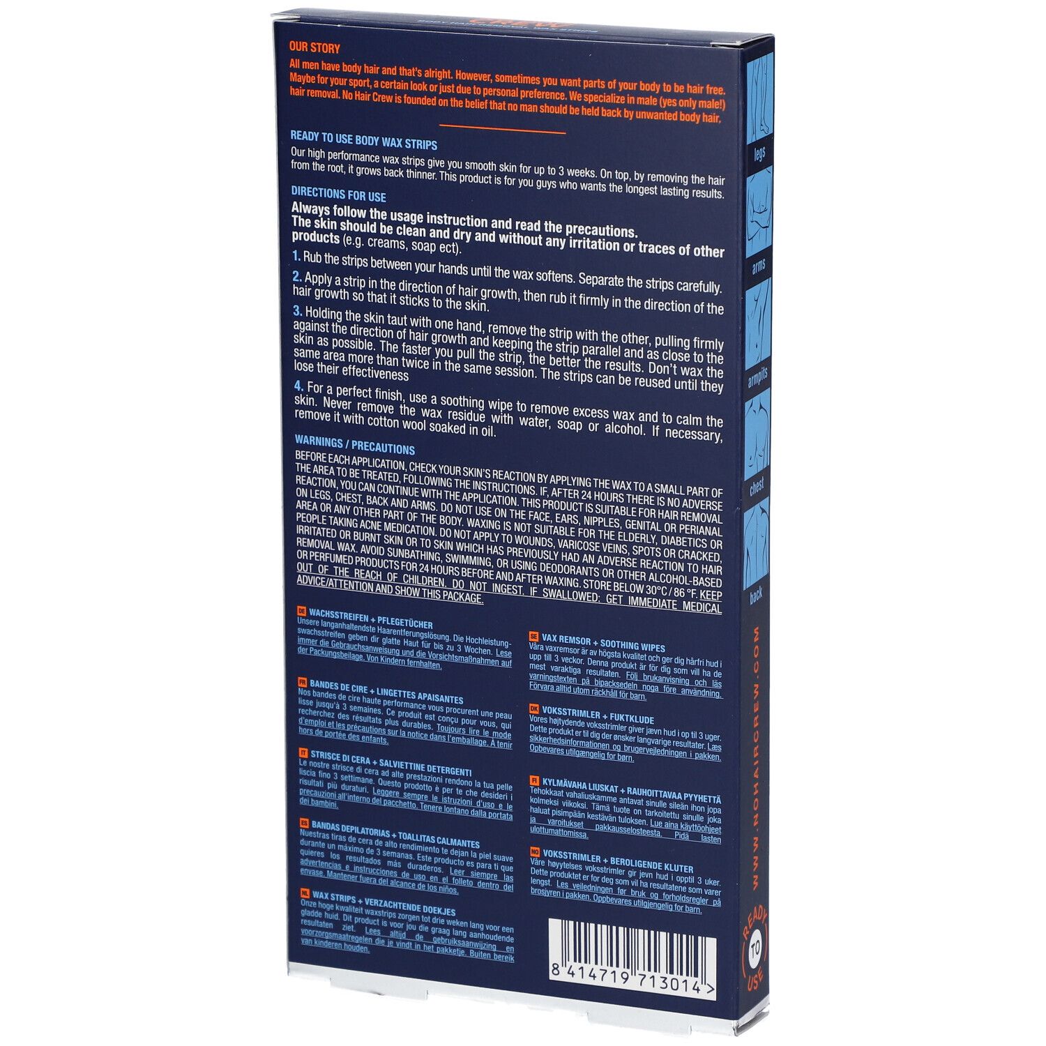 Achterkant van de donkerblauwe doos. Tekst met instructies en waarschuwingen. Bevat ingrediënten.