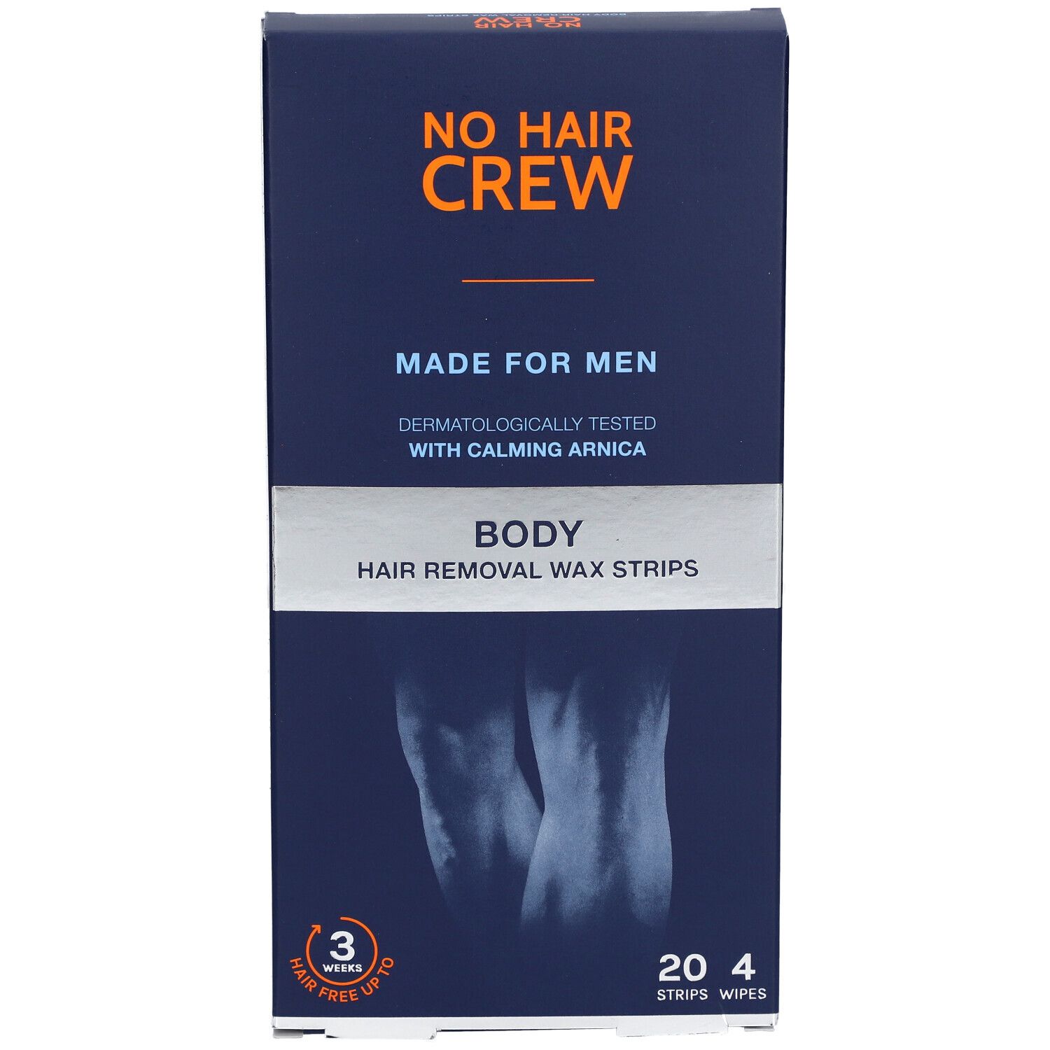 Donkerblauwe doos met productnaam en tekst. Bevat 20 strips en 4 doekjes. Voor mannen.