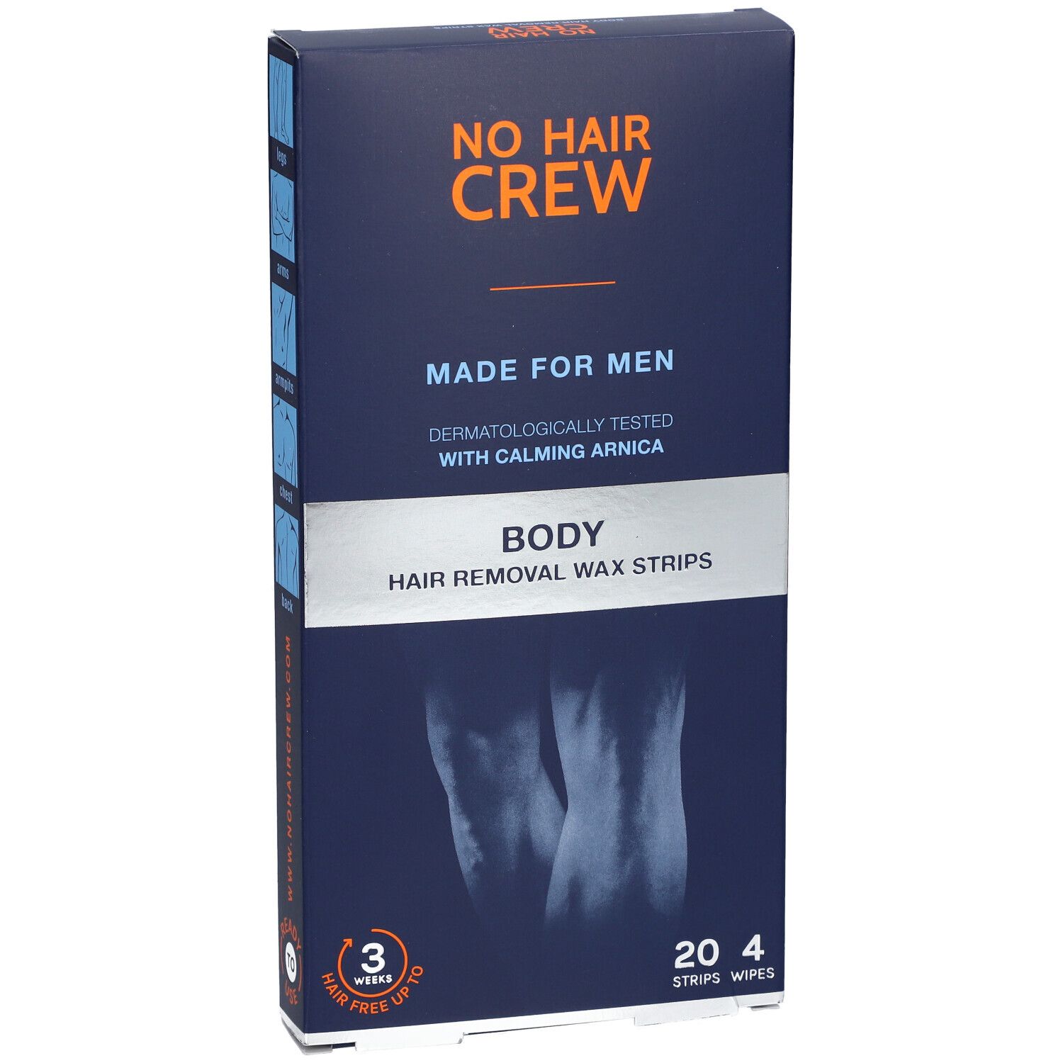 Donkerblauwe doos met productnaam en tekst. Bevat 20 strips en 4 doekjes. Voor mannen.