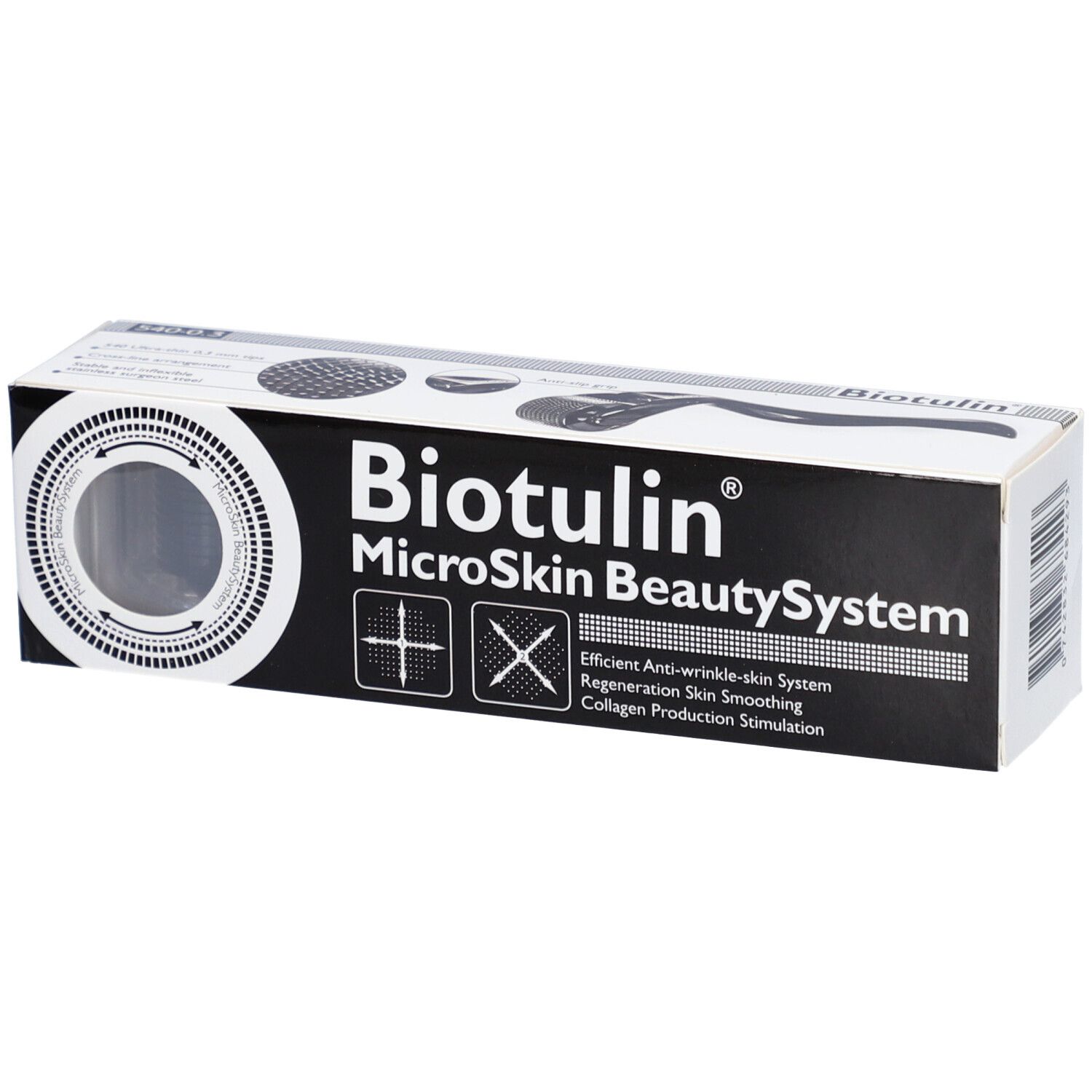 Zwart-witte verpakking met "Biotulin MicroSkin BeautySystem" logo. Bevat productafbeeldingen en tekst.