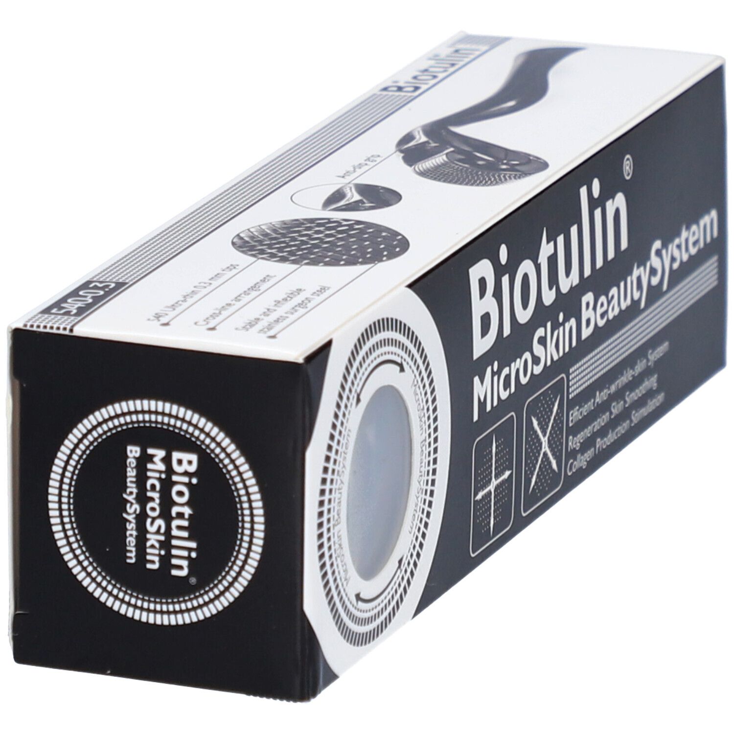 Zwart-witte verpakking met "Biotulin MicroSkin BeautySystem" logo. Perspectief.
